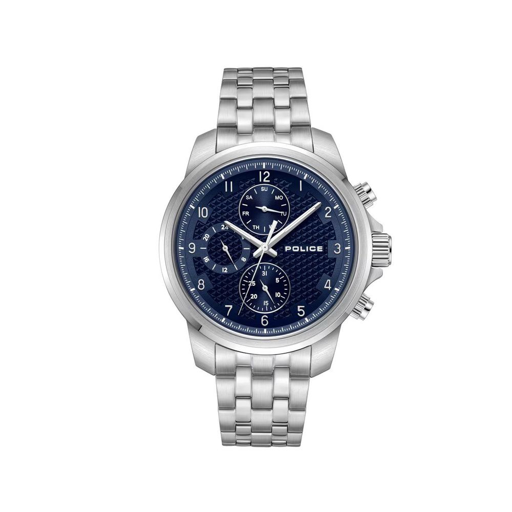 Silver watch with a blue dial on a white background