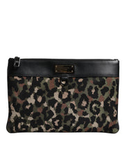 Dolce & Gabbana Multicolor Leopard Jacquard Print Logo Plaque Pouch Bag - ACCEXO