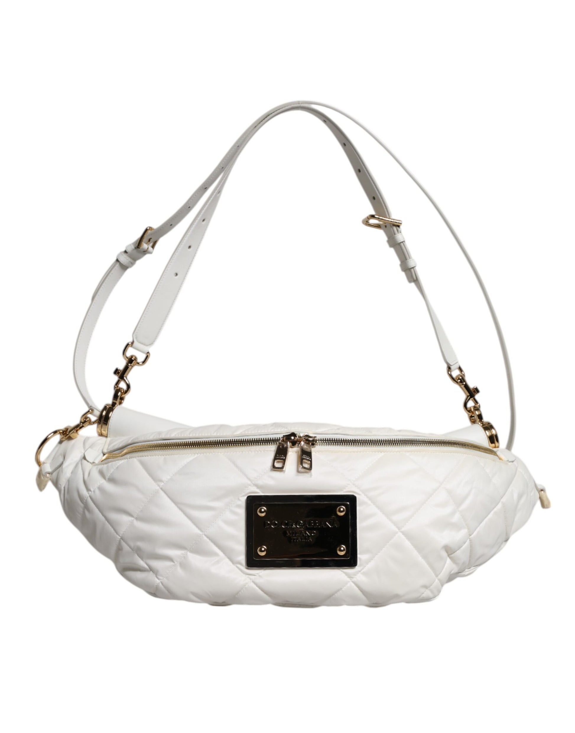 Dolce & Gabbana White Quilted Logo Plaque Belt Waist Fanny Pack Bag - ACCEXO
