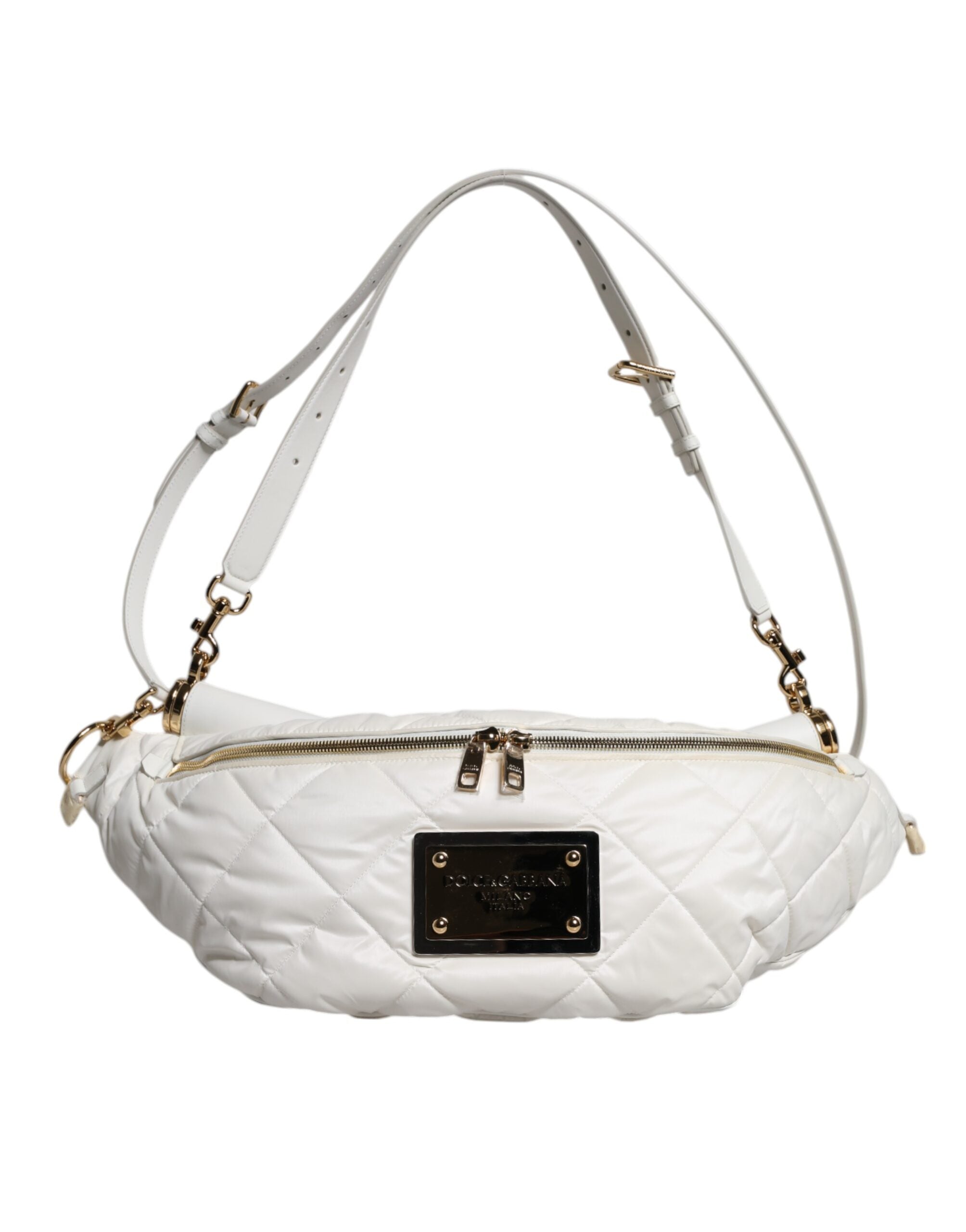 Dolce & Gabbana White Quilted Logo Plaque Belt Waist Fanny Pack Bag - ACCEXO