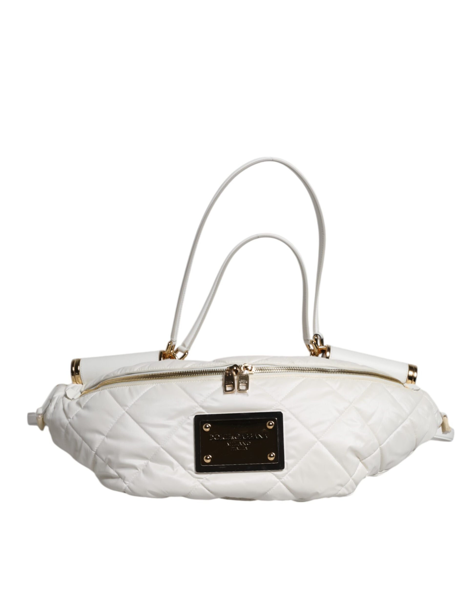 Dolce & Gabbana White Quilted Logo Plaque Belt Waist Fanny Pack Bag - ACCEXO