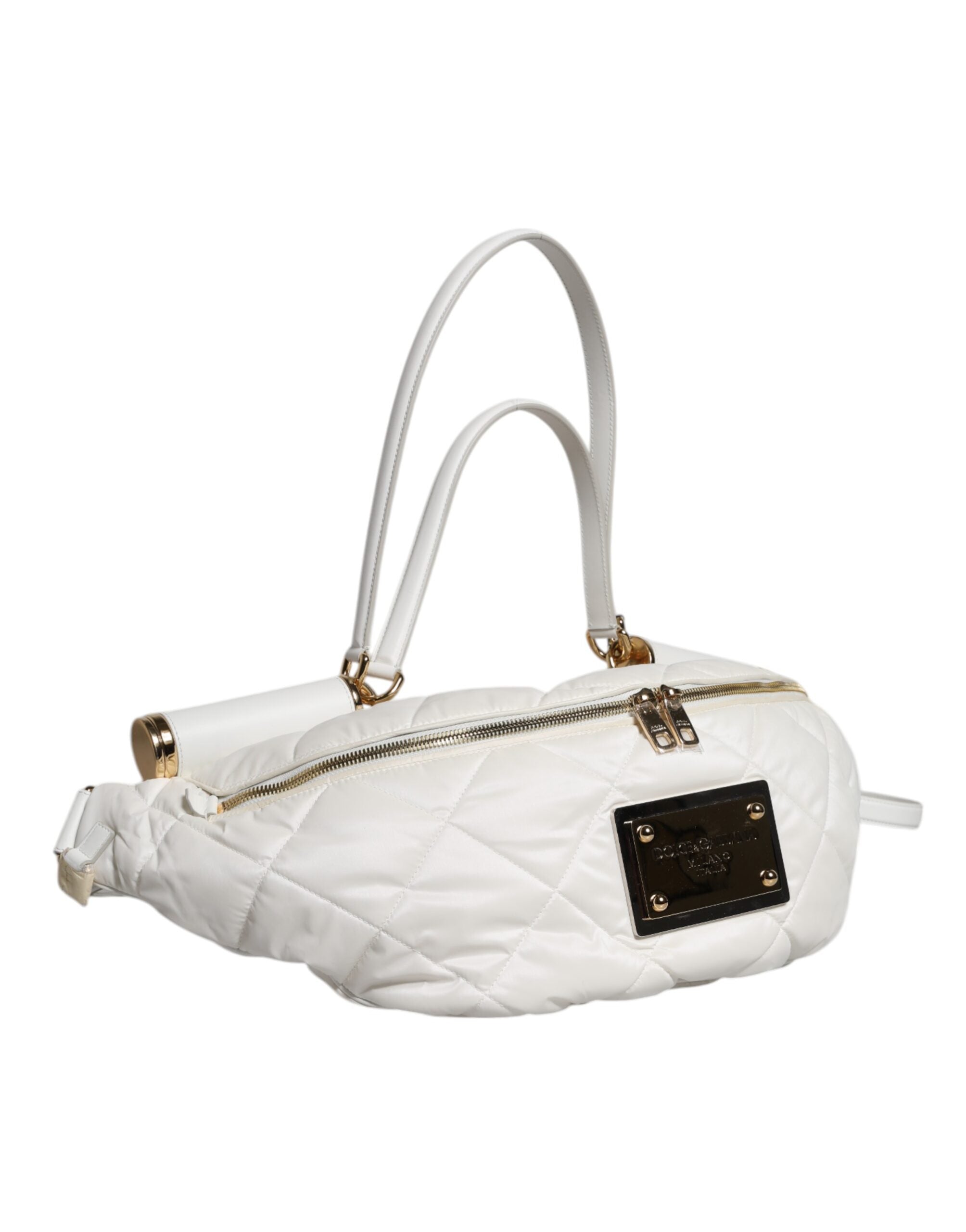 Dolce & Gabbana White Quilted Logo Plaque Belt Waist Fanny Pack Bag - ACCEXO