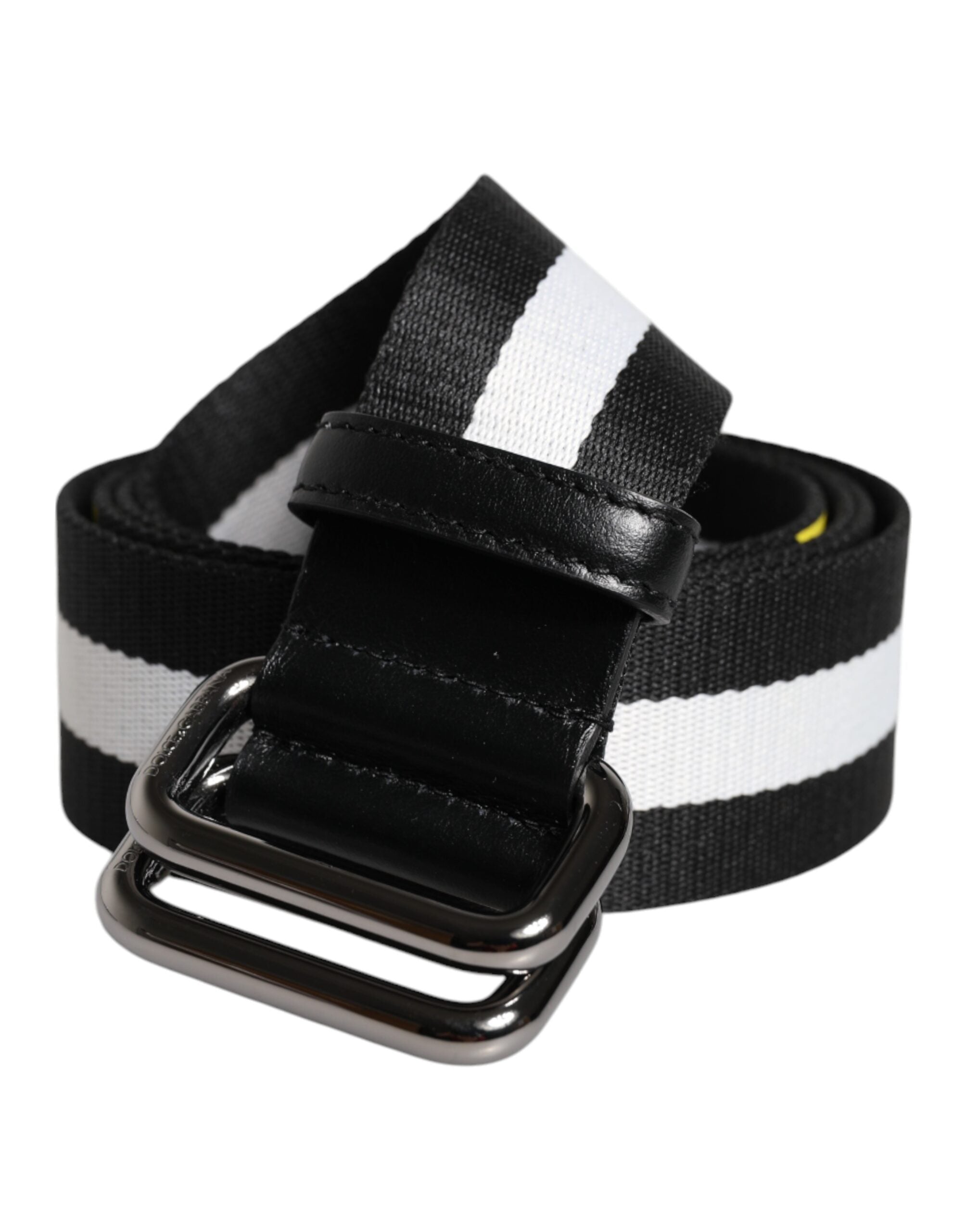 Dolce & Gabbana Black Yellow Logo Striped Metal Buckle Belt - ACCEXO