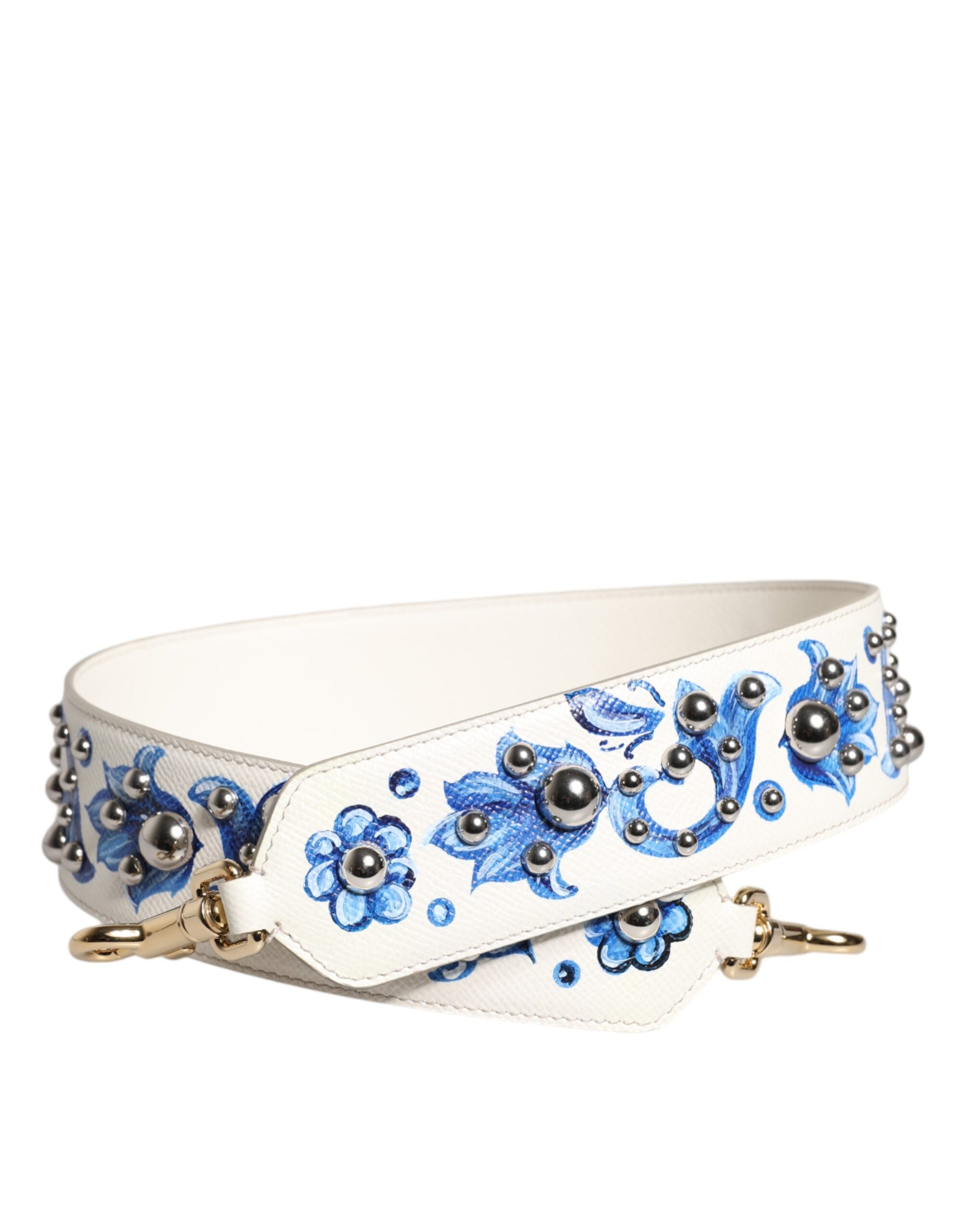 Dolce & Gabbana White Blue Floral Leather Stud Shoulder Strap - ACCEXO