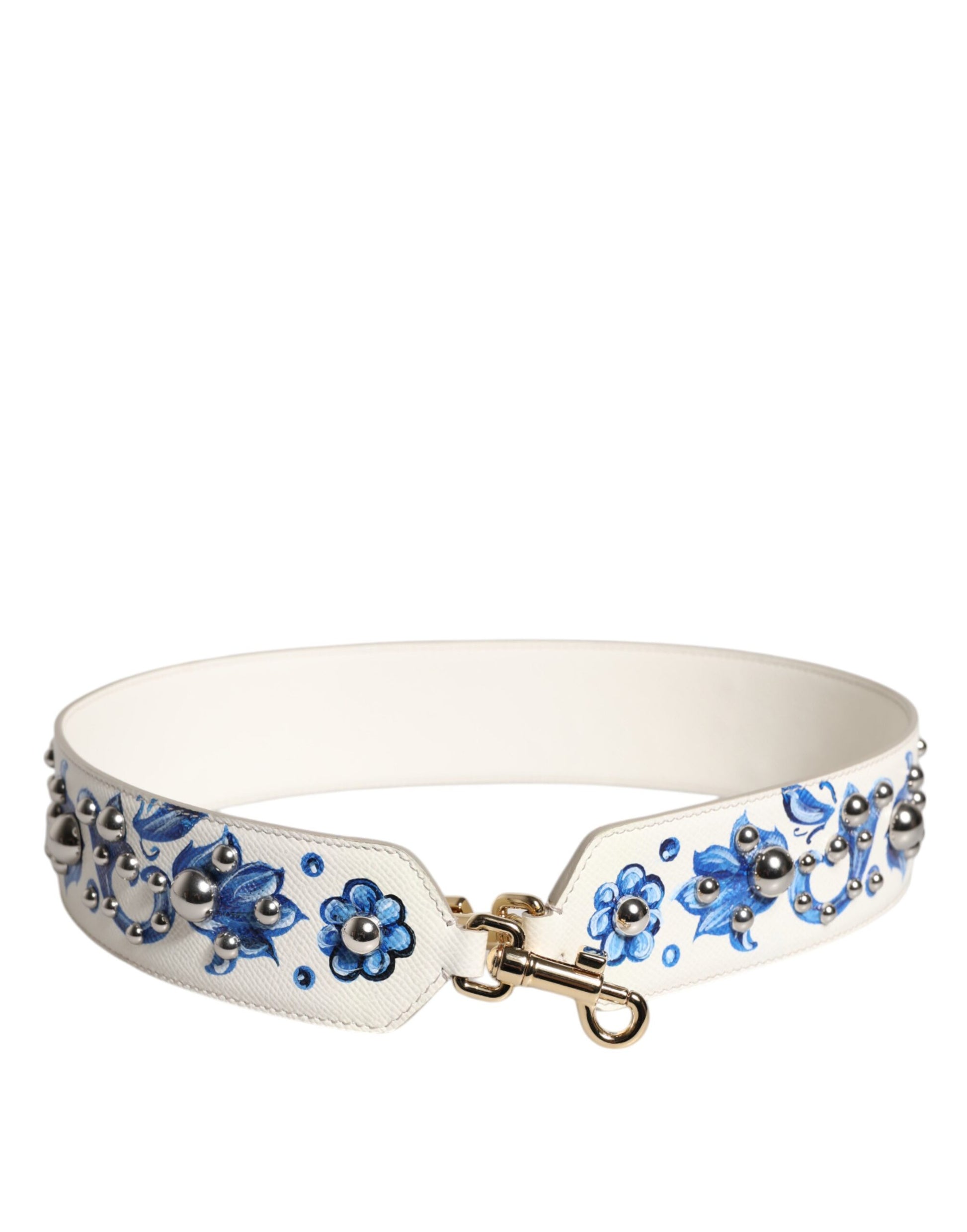 Dolce & Gabbana White Blue Floral Leather Stud Shoulder Strap - ACCEXO