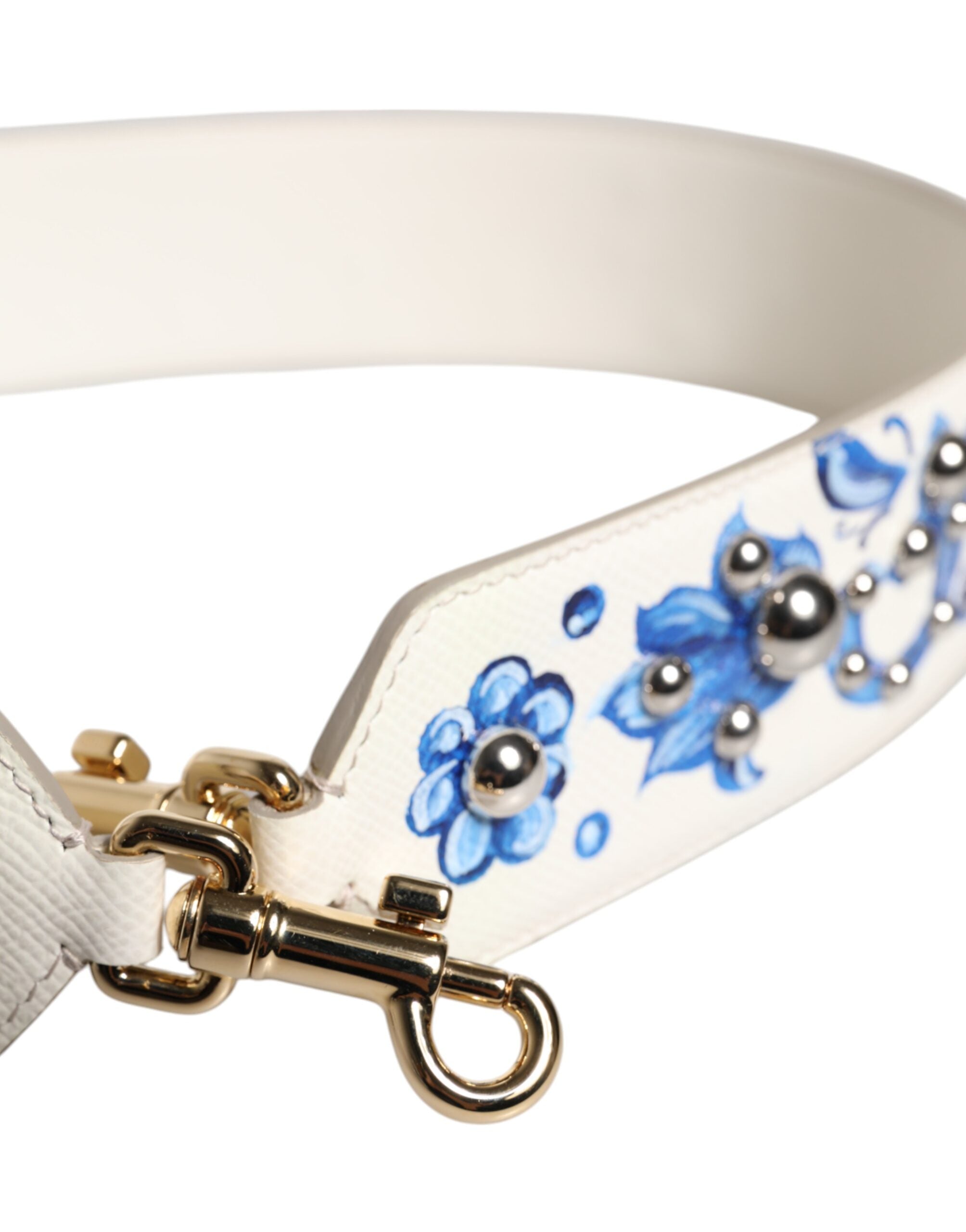 Dolce & Gabbana White Blue Floral Leather Stud Shoulder Strap - ACCEXO