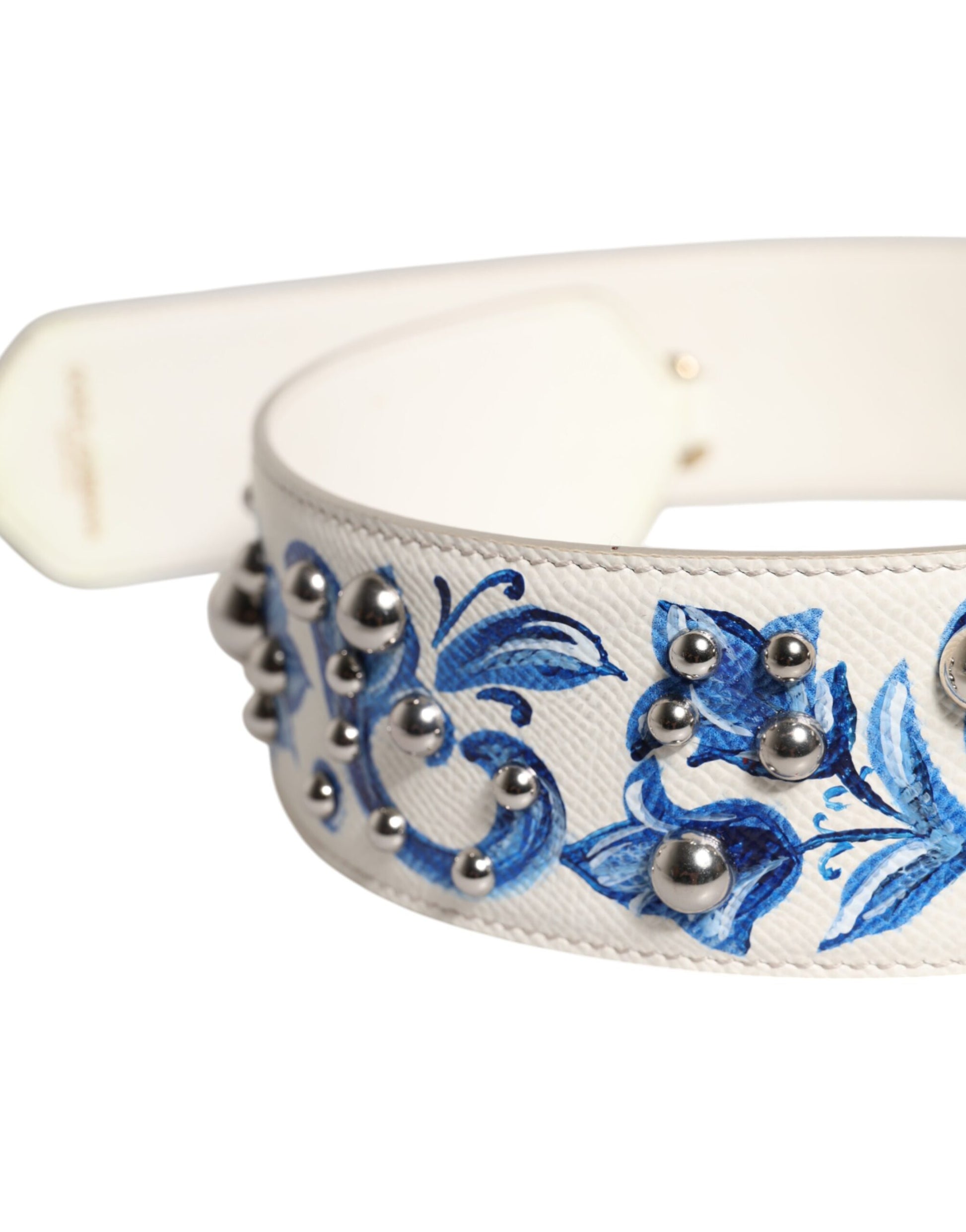 Dolce & Gabbana White Blue Floral Leather Stud Shoulder Strap - ACCEXO