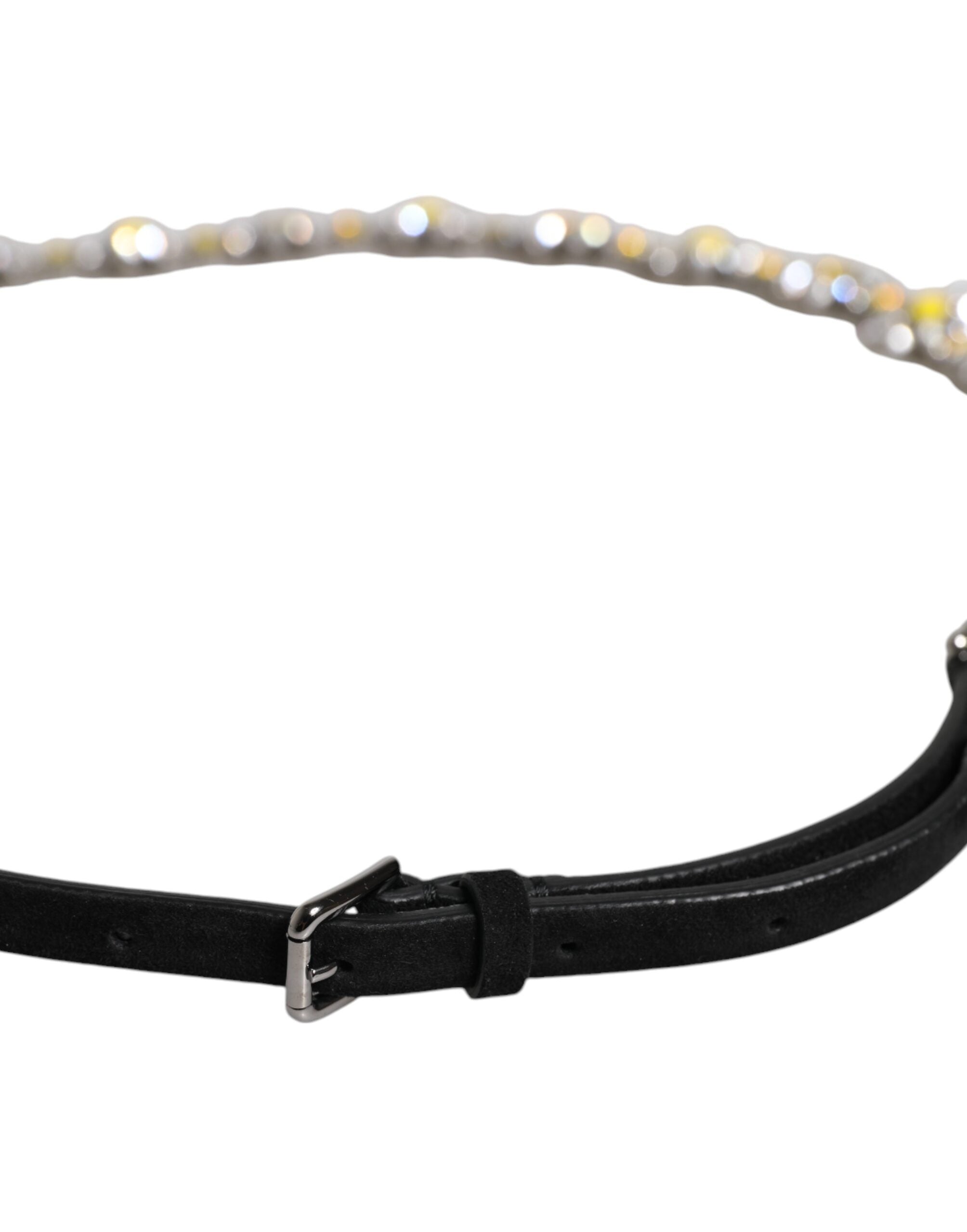 Dolce & Gabbana Black Leather Daisy Crystal Embellish Waist Belt - ACCEXO