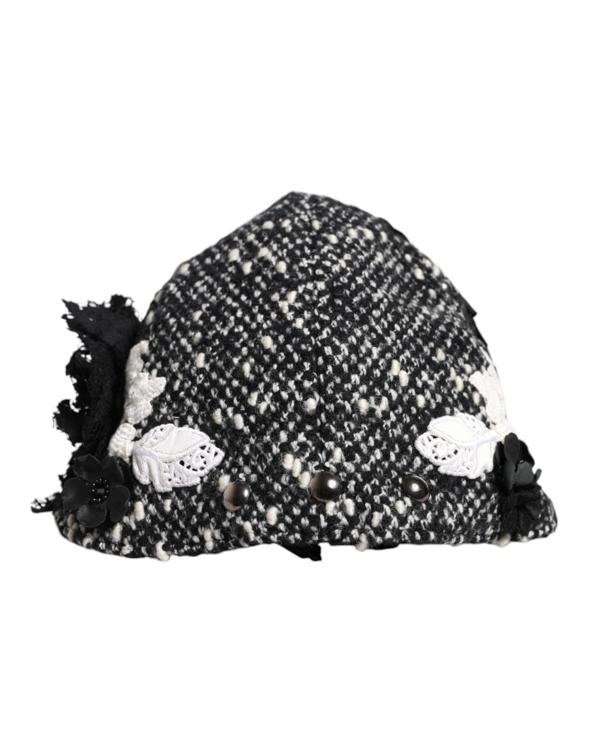 Dolce & Gabbana Black Wool White Floral Embellished Cloche Hat - ACCEXO