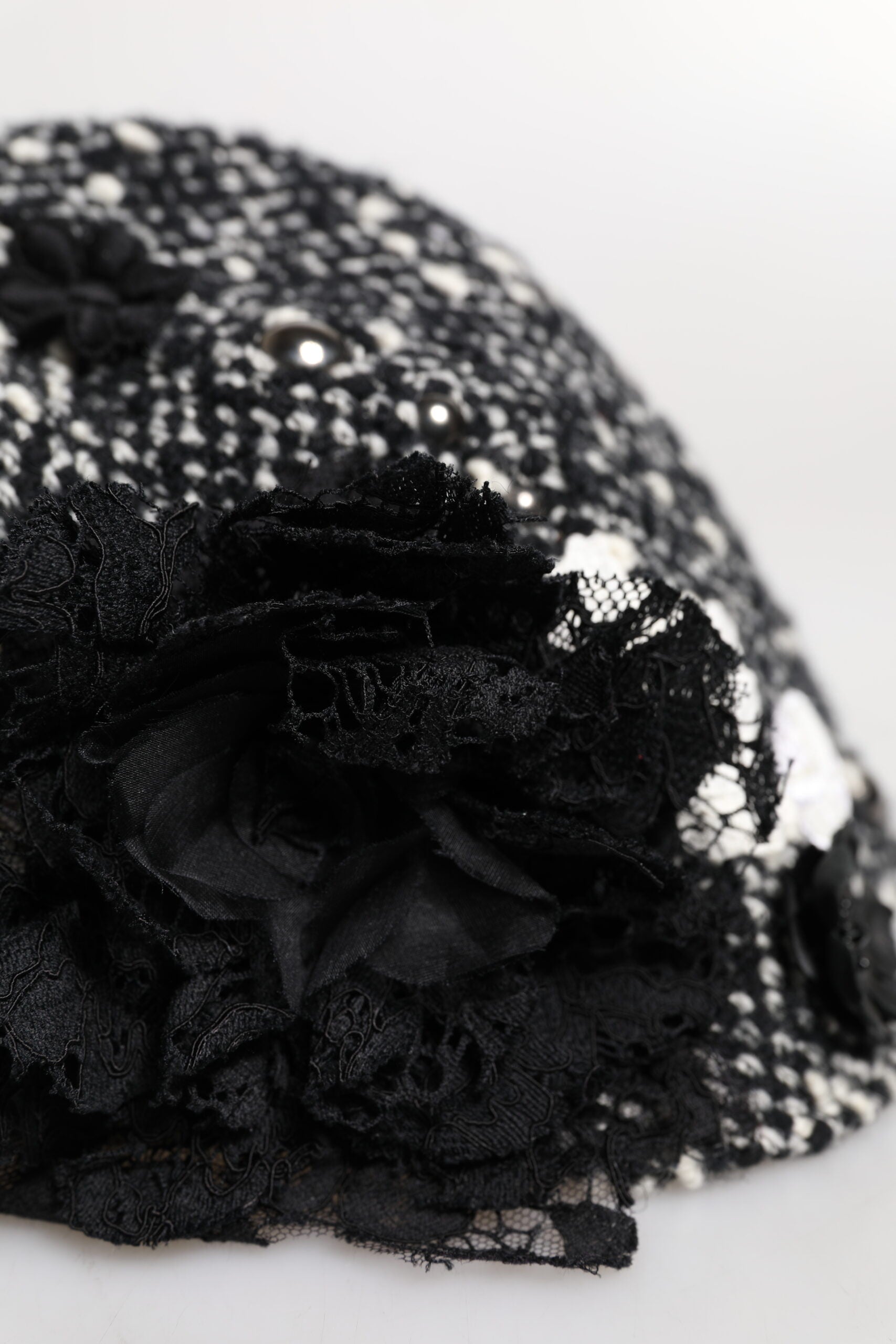 Dolce & Gabbana Black Wool White Floral Embellished Cloche Hat - ACCEXO