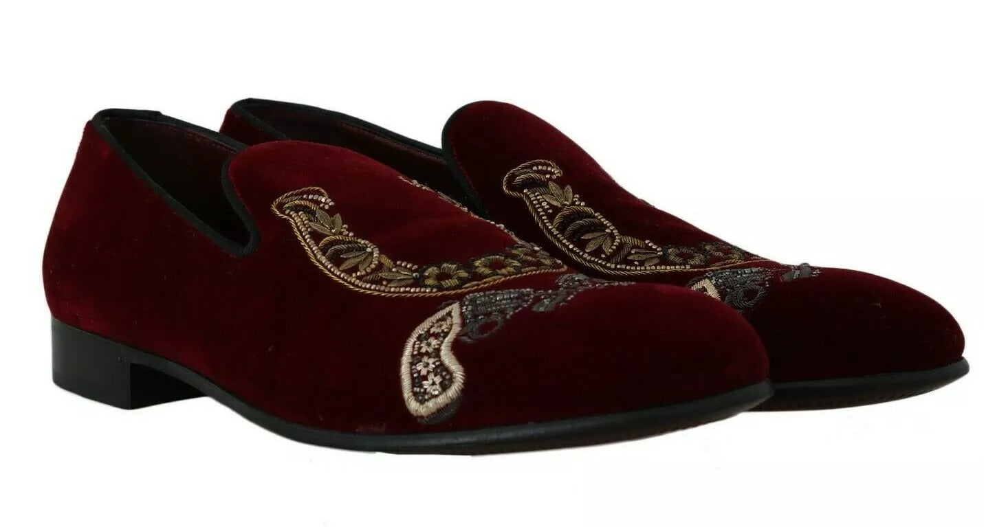 Dolce & Gabbana Bordeaux Velvet Sequined Men's Loafers - ACCEXO