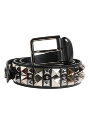 Dolce & Gabbana Black Calf Leather Studded Silver Buckle Belt - ACCEXO