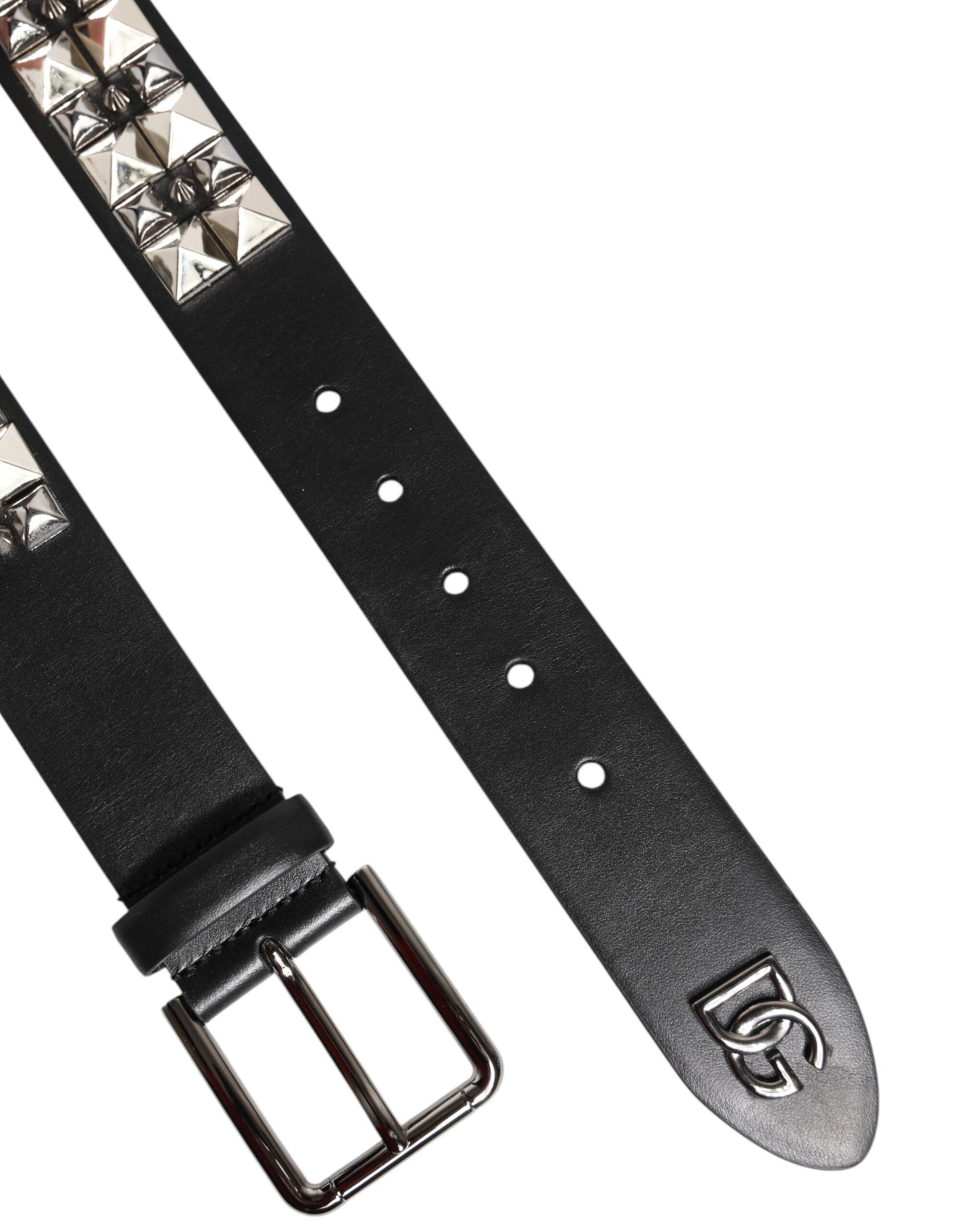 Dolce & Gabbana Black Calf Leather Studded Silver Buckle Belt - ACCEXO