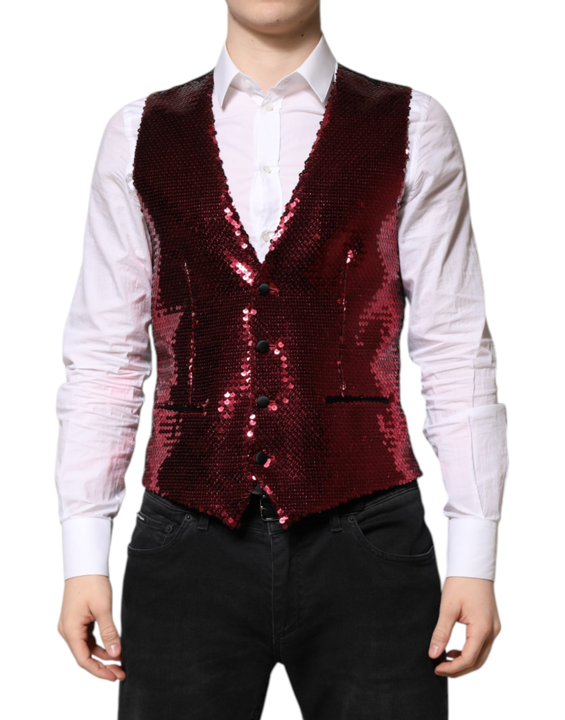 Dolce & Gabbana Red Sequined Dress Formal Men Waistcoat Vest - ACCEXO