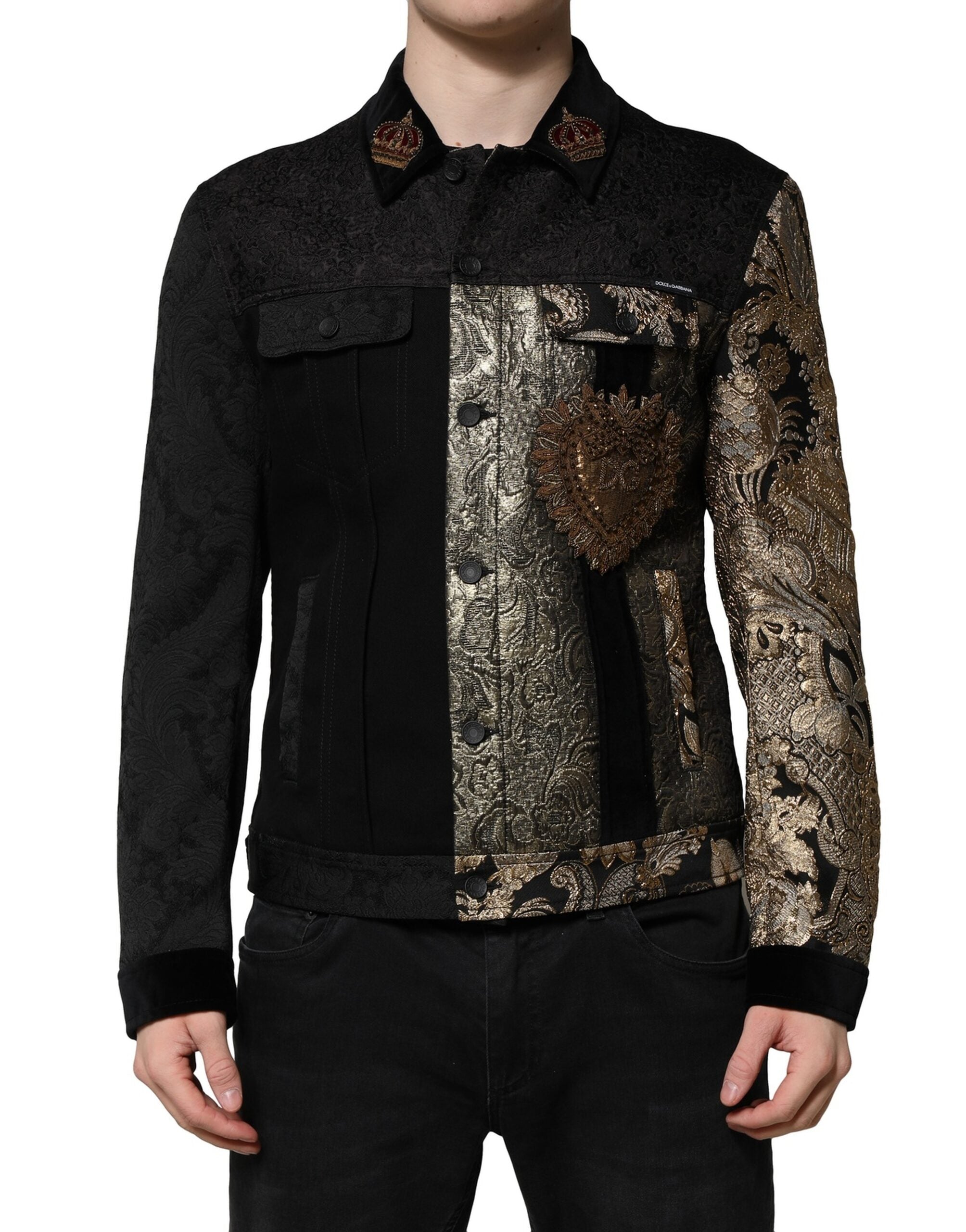 Dolce & Gabbana Black Gold Floral Jacquard Men Biker Jacket - ACCEXO