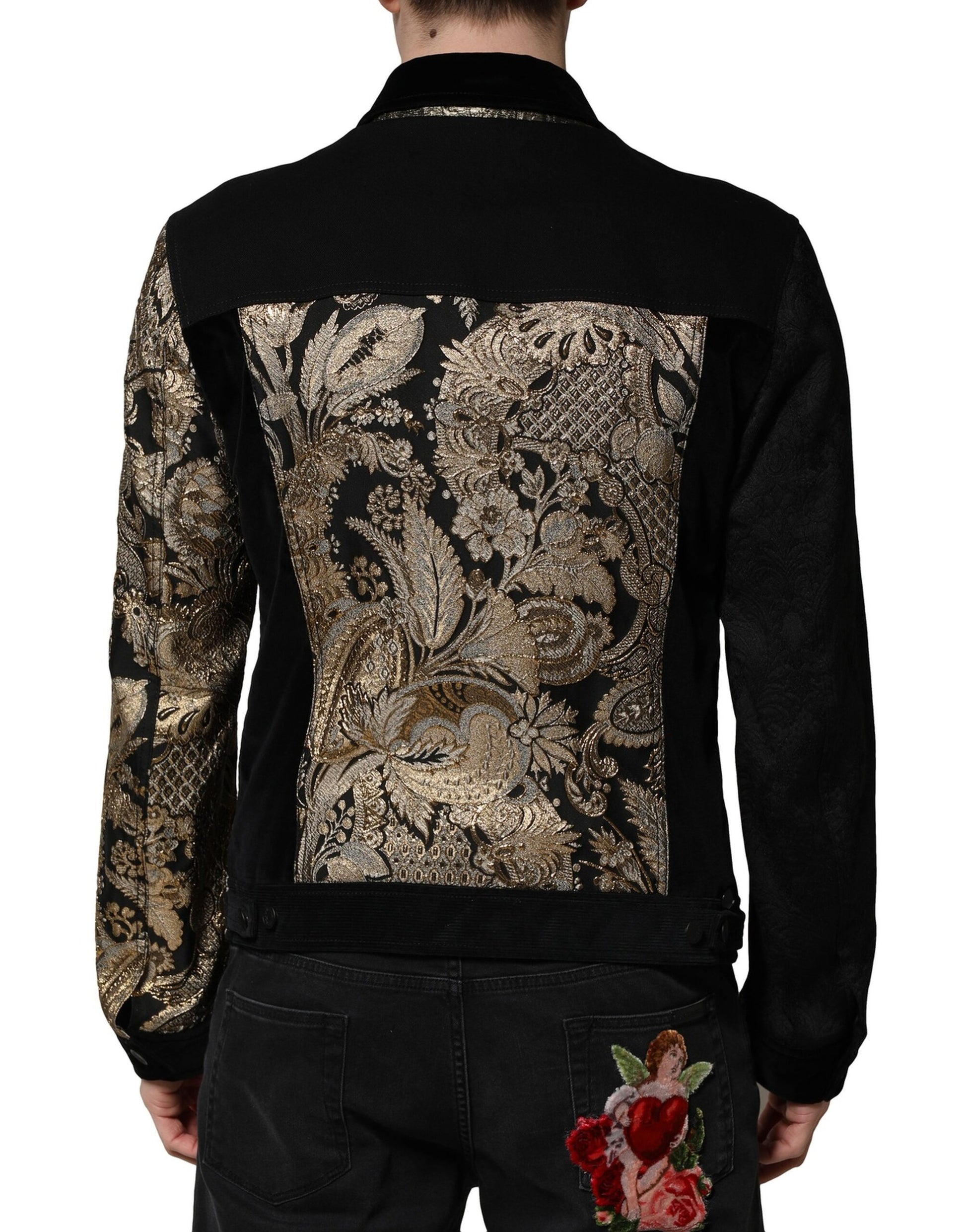 Dolce & Gabbana Black Gold Floral Jacquard Men Biker Jacket - ACCEXO