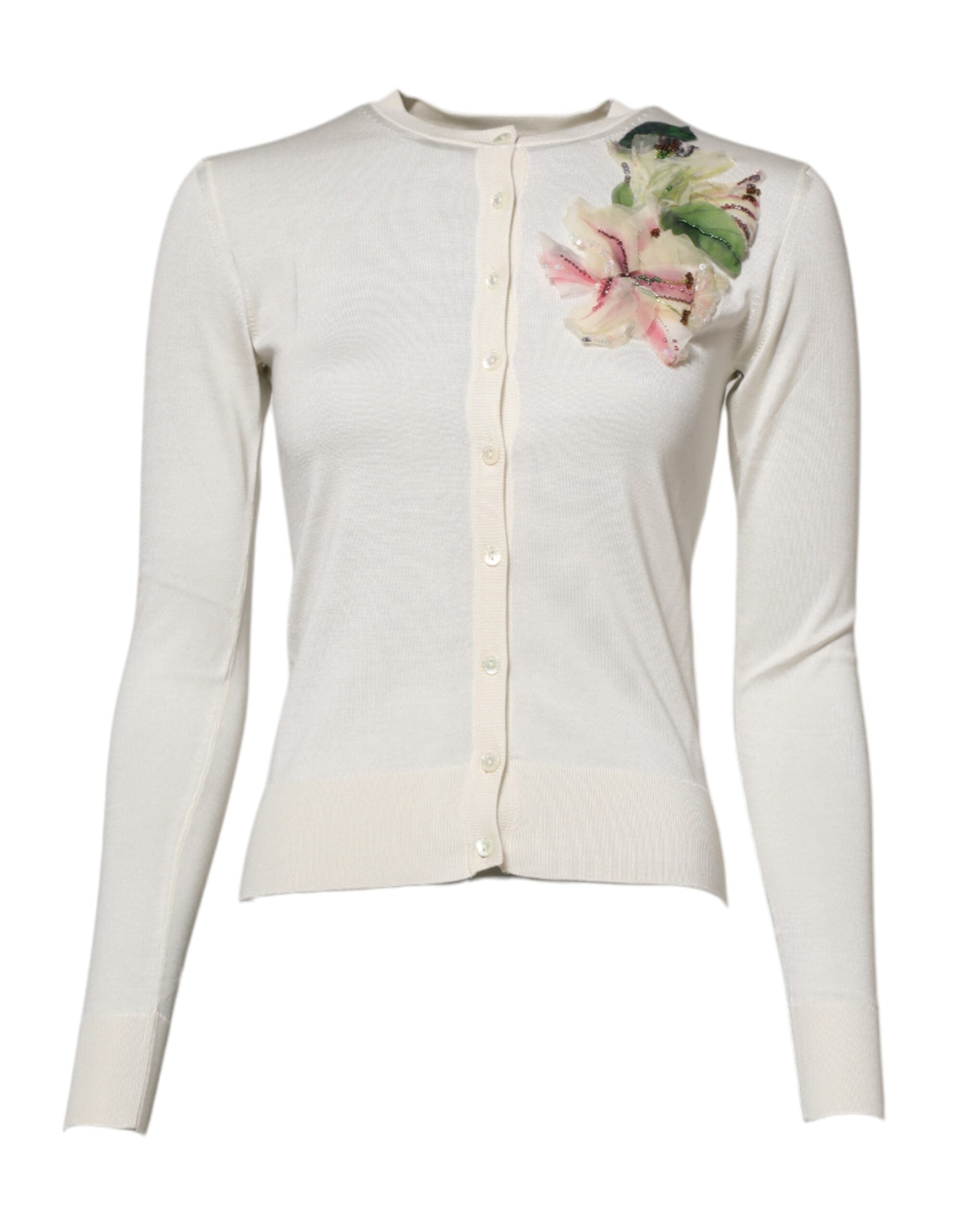 Dolce & Gabbana White Silk Lily Embellished Cardigan Sweater - ACCEXO