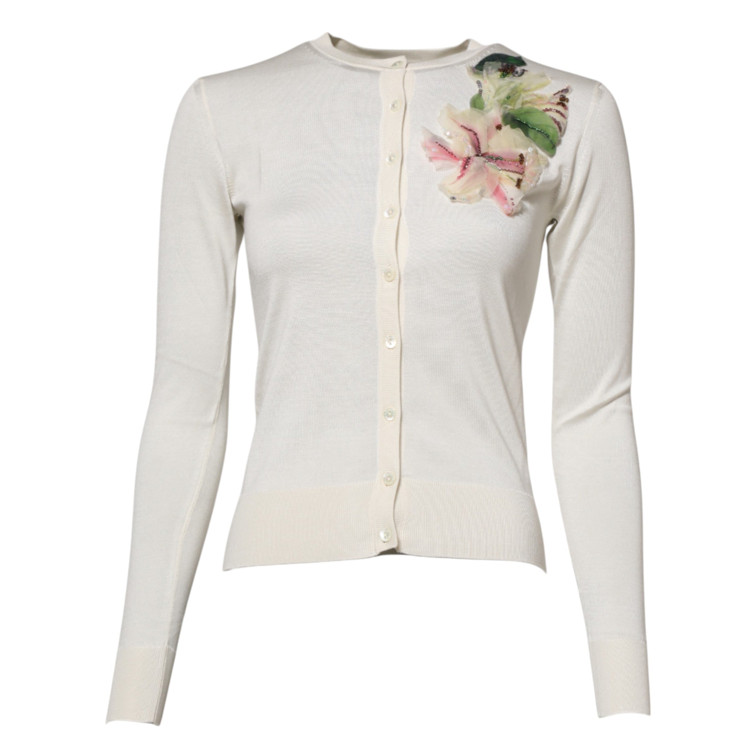 Dolce & Gabbana White Silk Lily Embellished Cardigan Sweater - ACCEXO