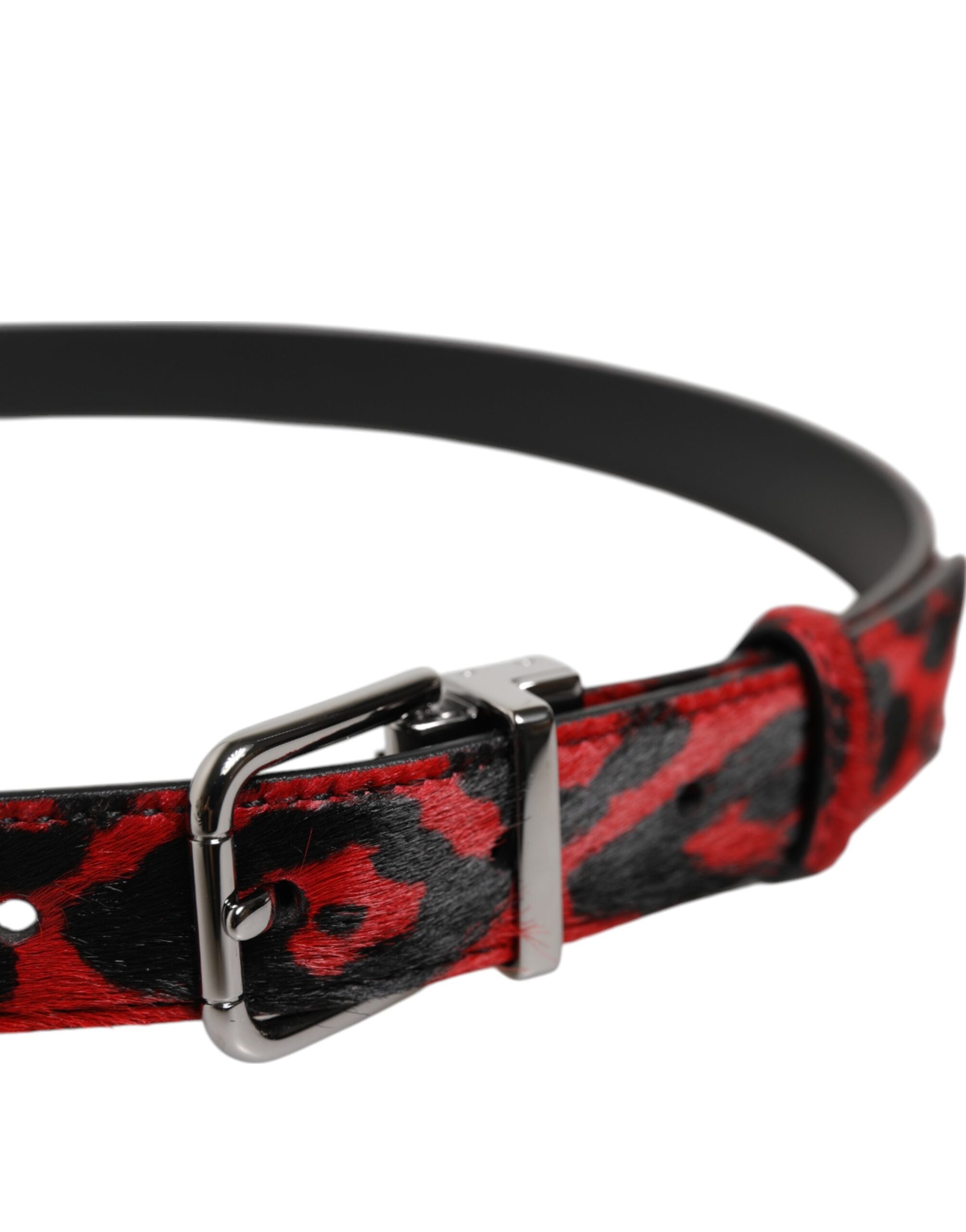 Dolce & Gabbana Black Red Leopard Silver Metal Buckle Belt - ACCEXO
