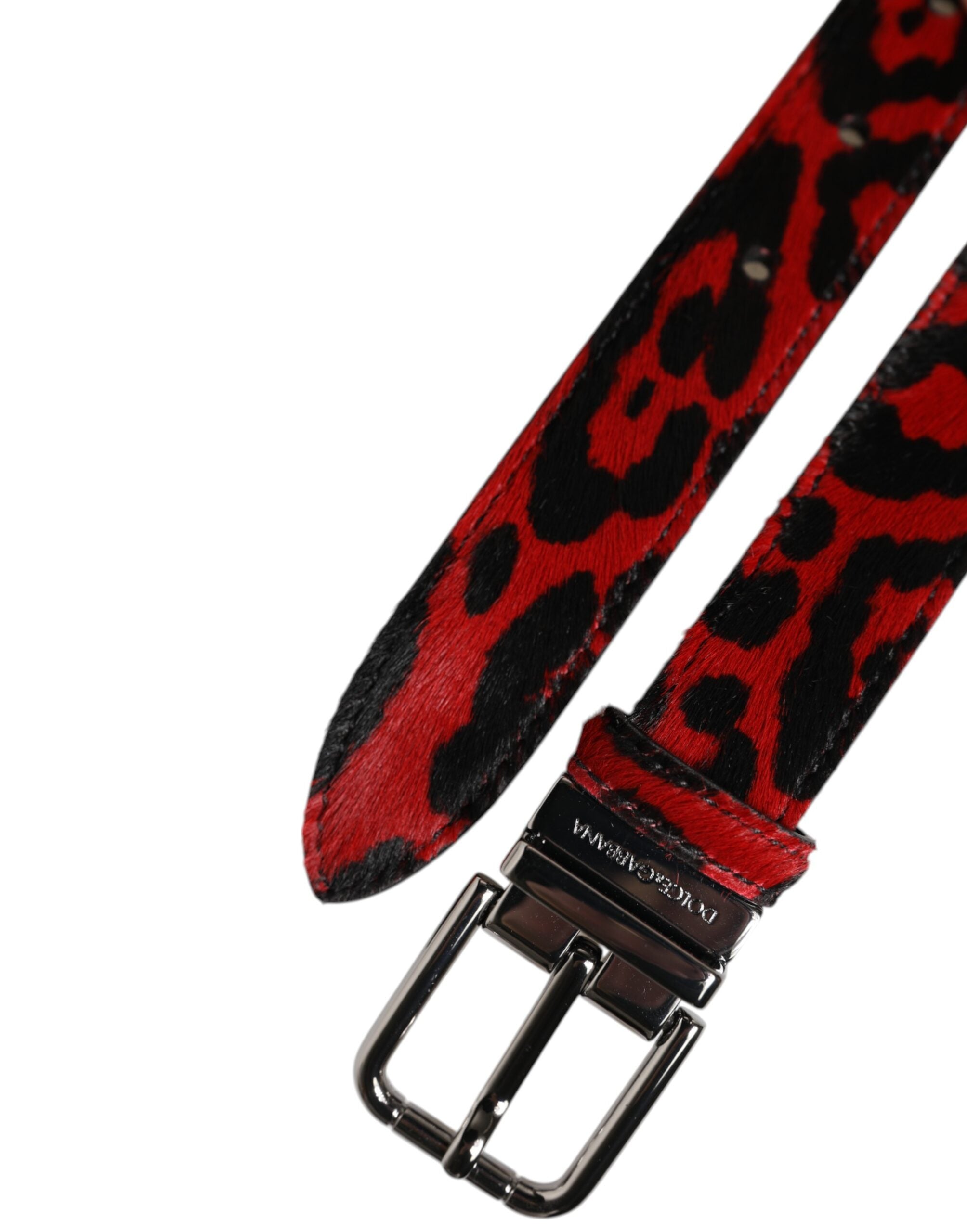 Dolce & Gabbana Black Red Leopard Silver Metal Buckle Belt - ACCEXO