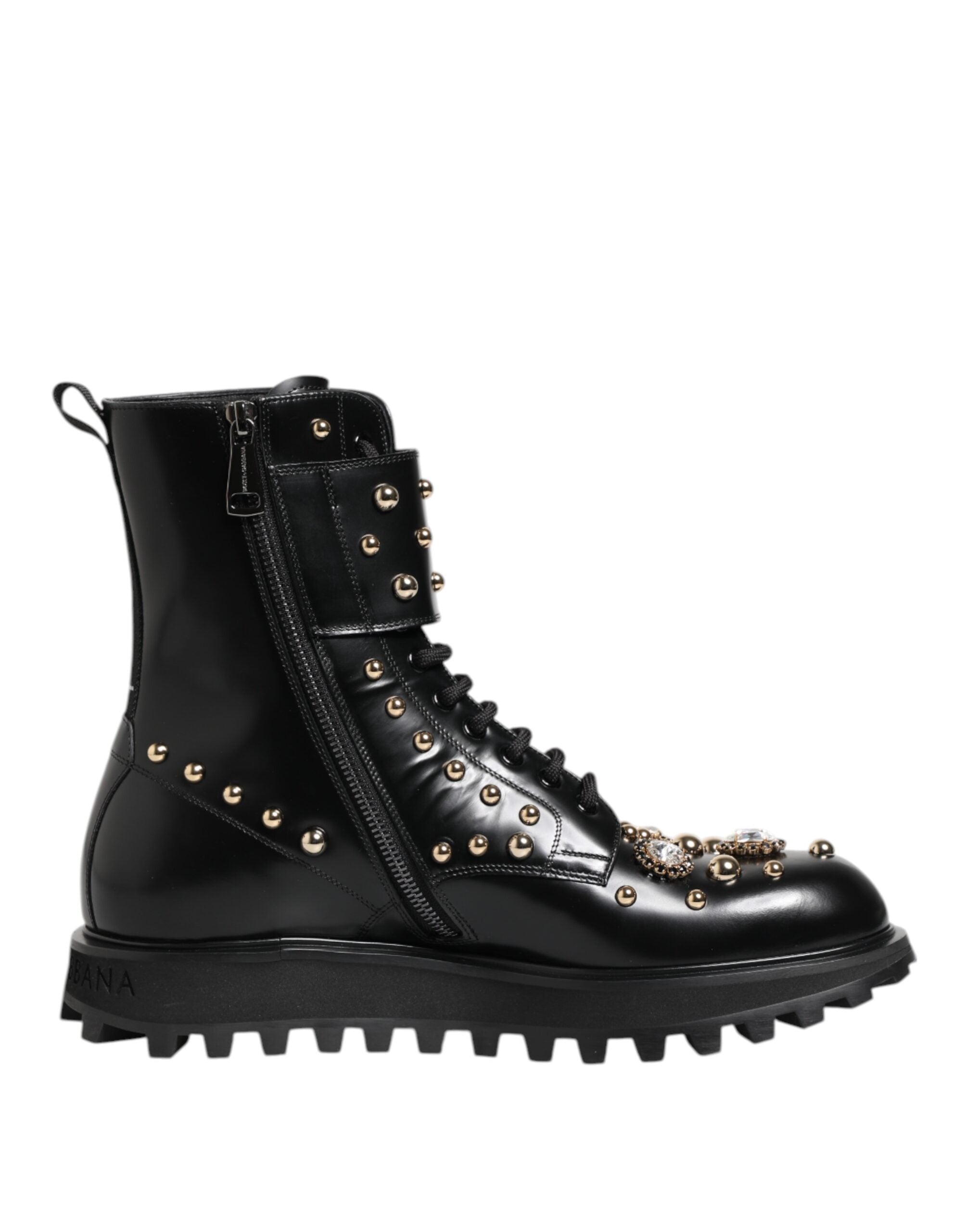 Dolce & Gabbana Black Studded Lace Up Mid Calf Boots Shoes - ACCEXO