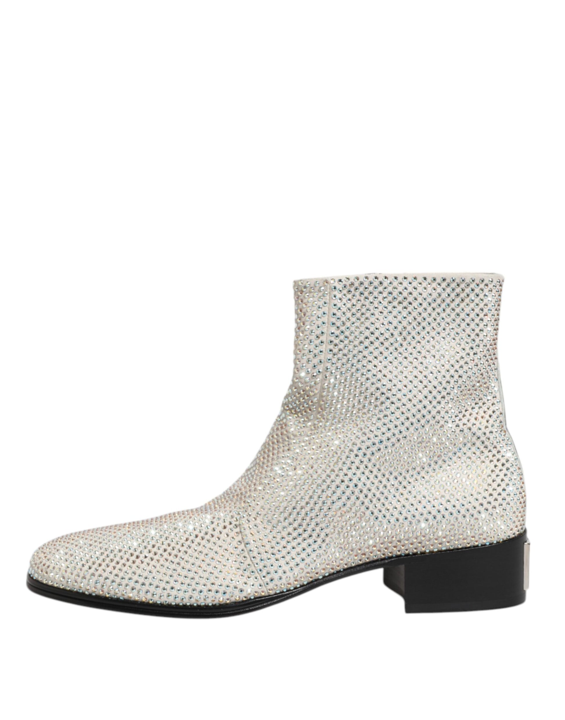 Dolce & Gabbana White Strass DG Logo Heels Ankle Boots Shoes - ACCEXO