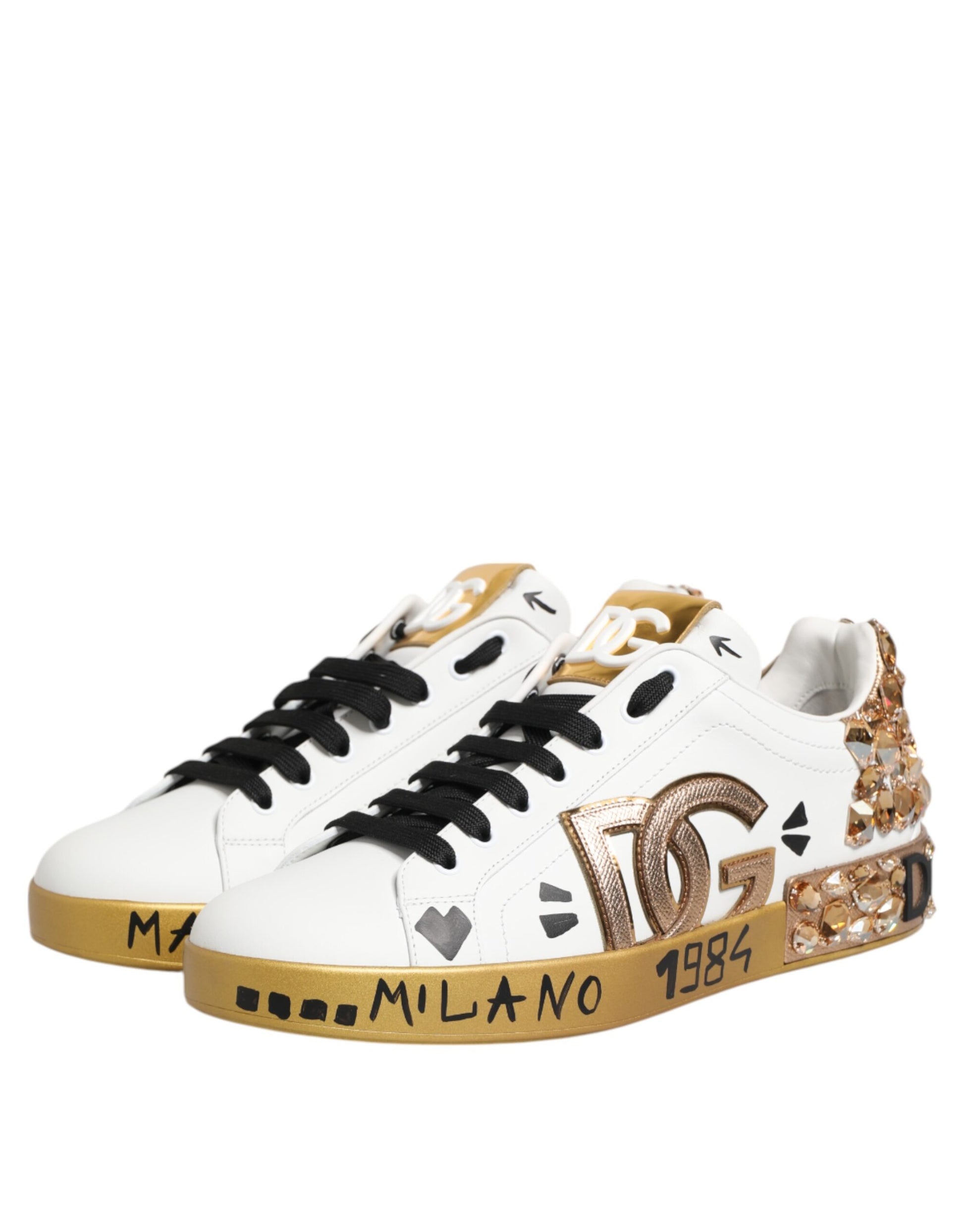 Dolce & Gabbana White Gold Crystal Portofino Sneakers Shoes - ACCEXO
