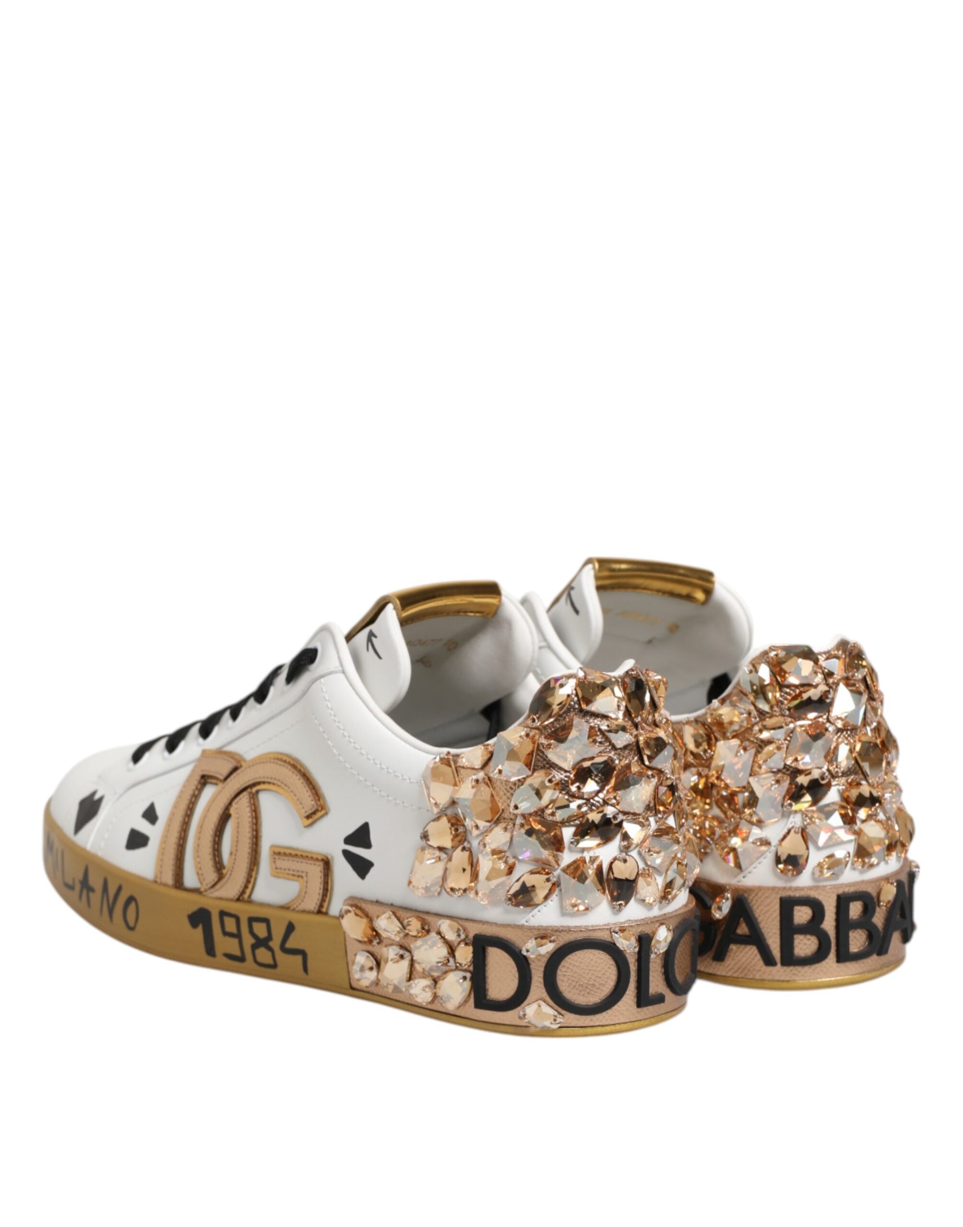 Dolce & Gabbana White Gold Crystal Portofino Sneakers Shoes - ACCEXO