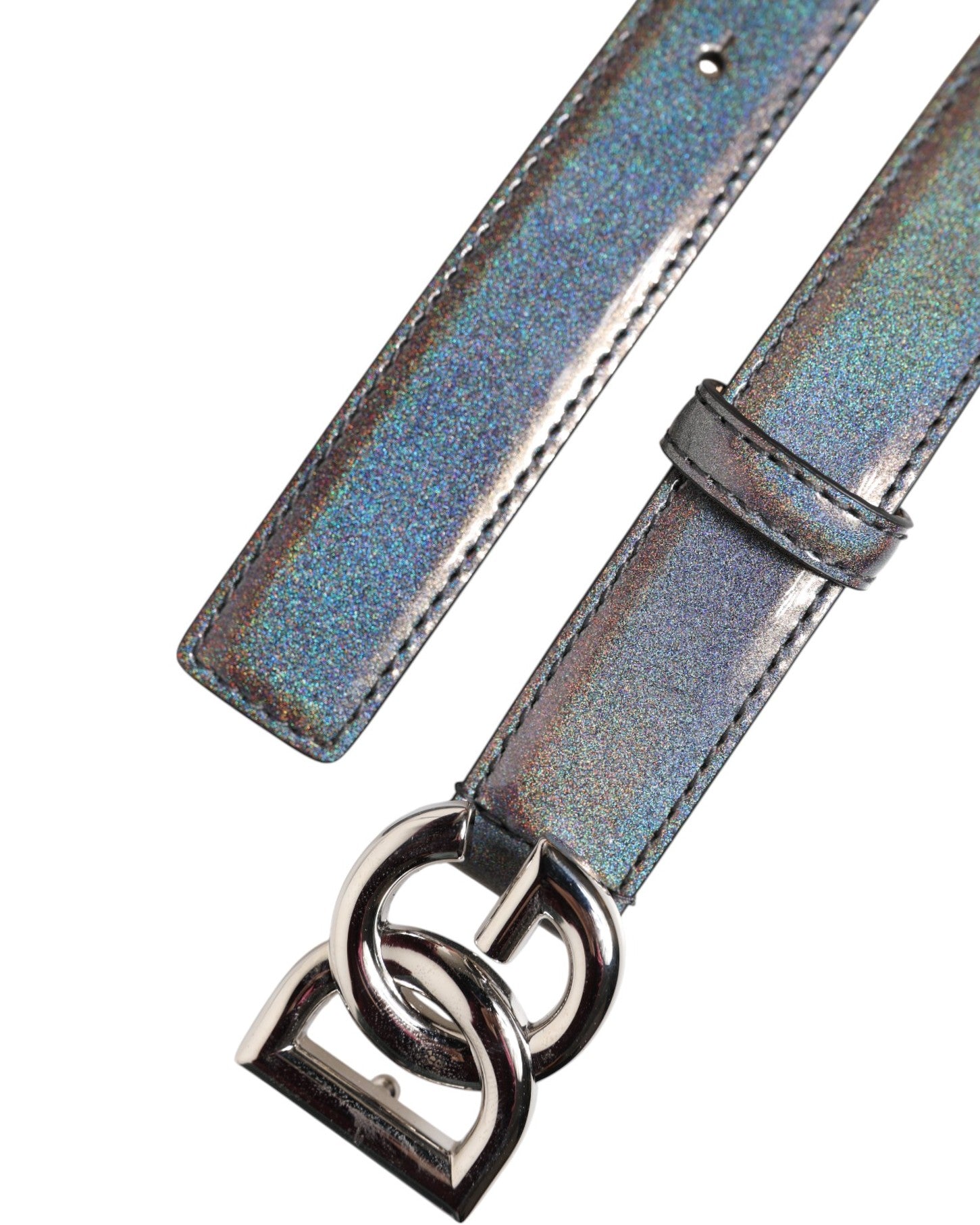 Dolce & Gabbana Metallic Leather Silver Tone Logo Buckle Belt - ACCEXO