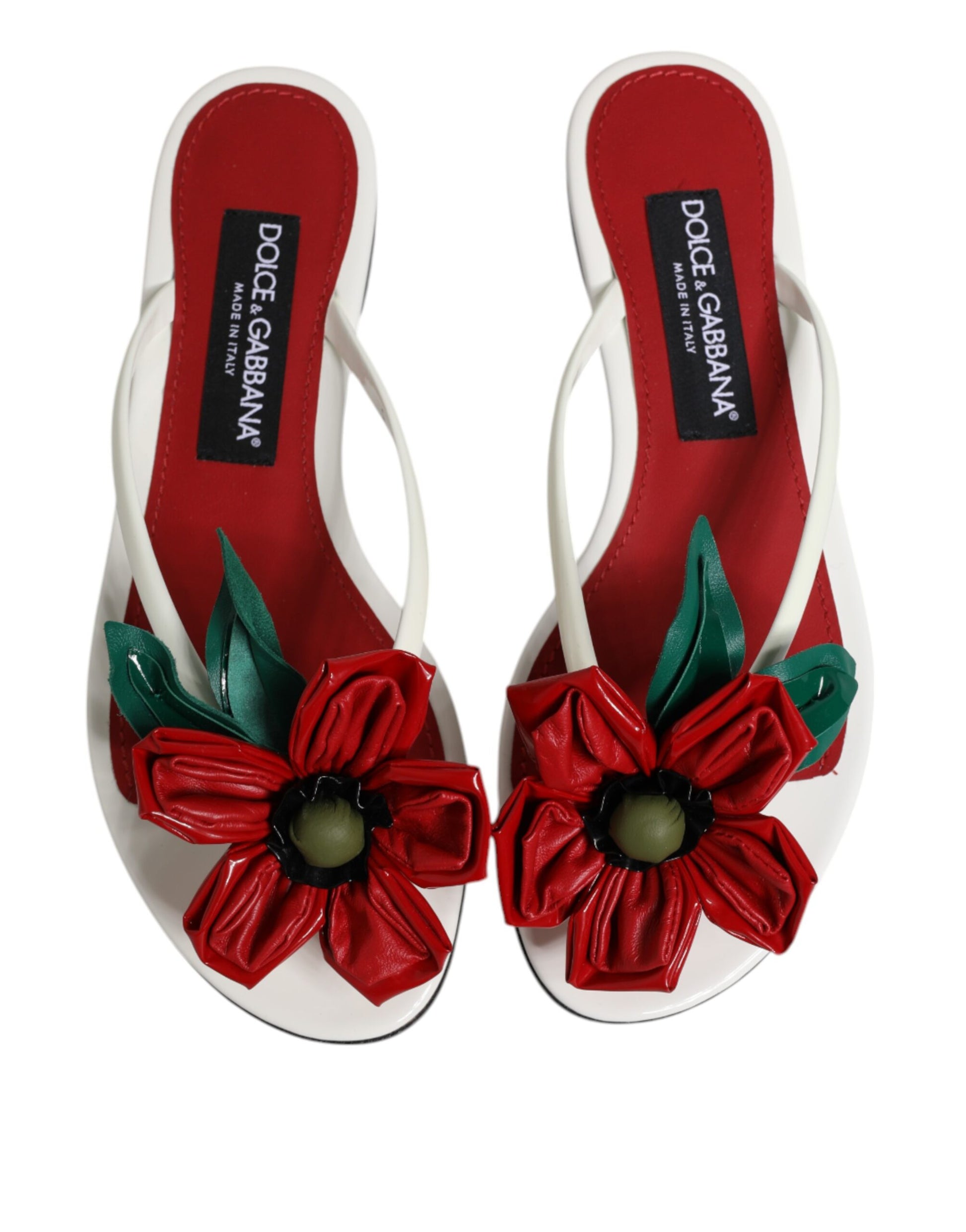 Dolce & Gabbana Red White KEIRA Flower Leather Sandals Shoes - ACCEXO