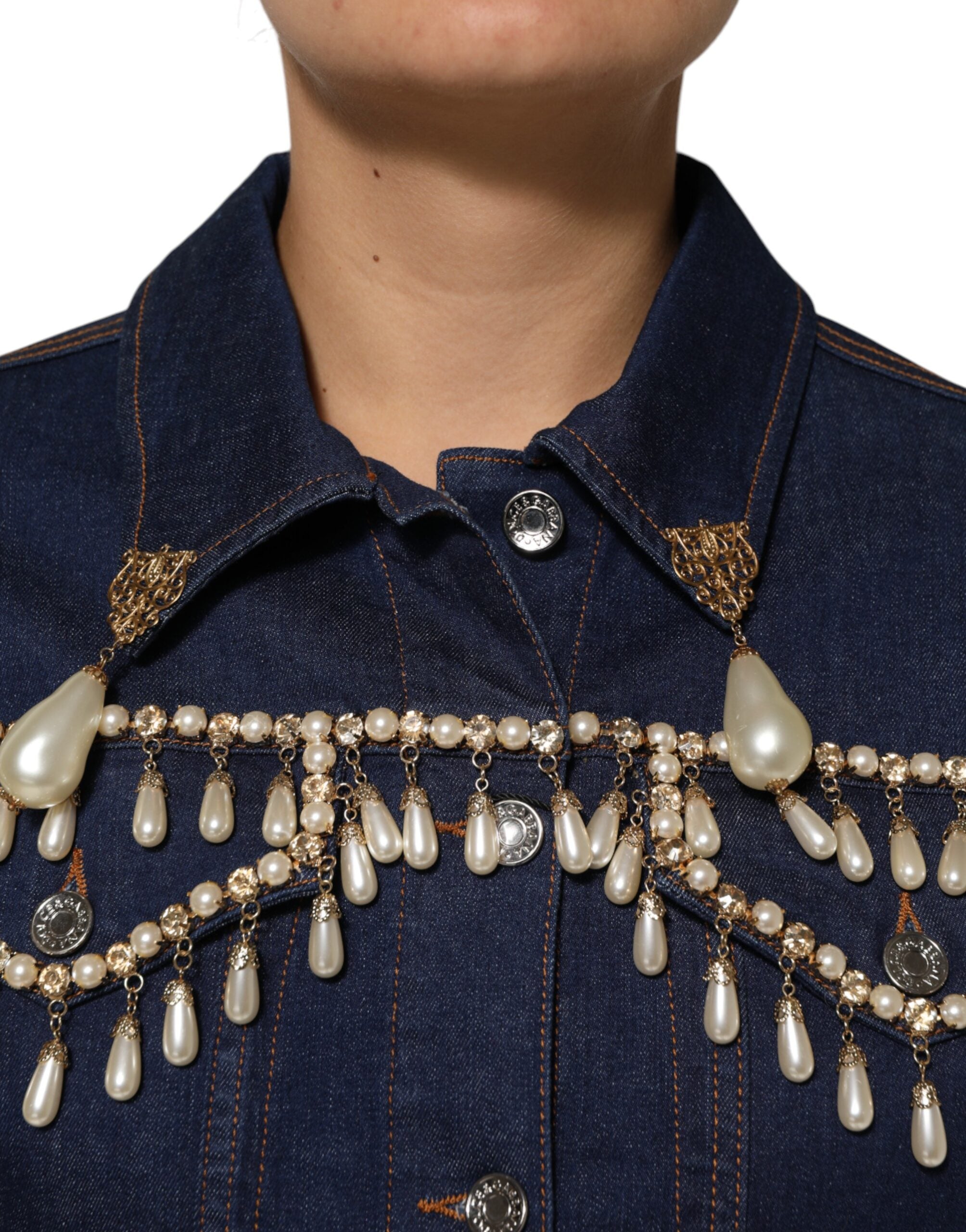 Dolce & Gabbana Blue Cotton Denim Crystal Embellished Jacket - ACCEXO