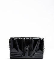 Black patent leather clutch bag with a brand logo on a white background
