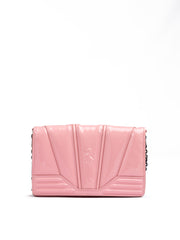 Pink clutch bag with geometric design on a white background.