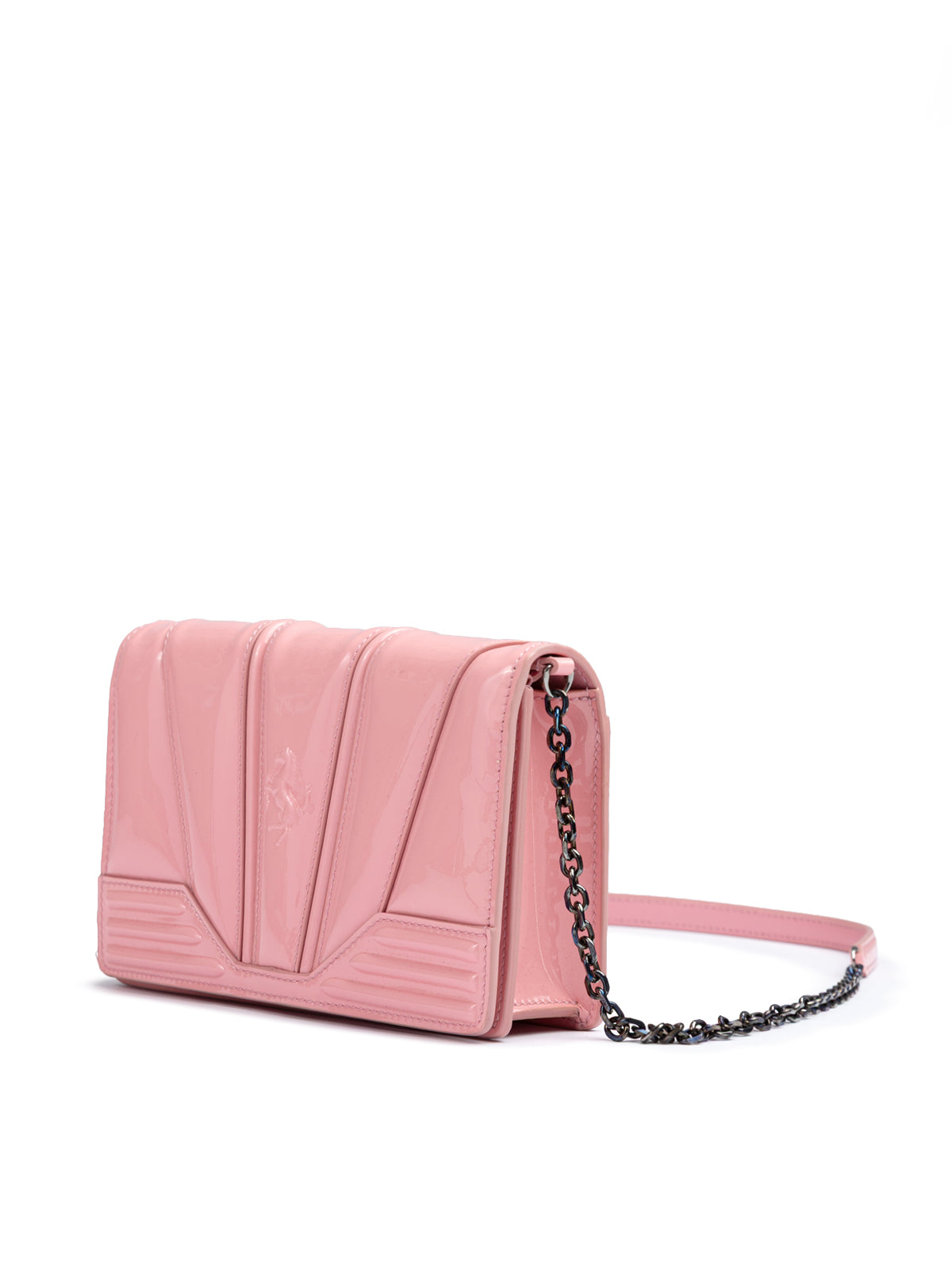Pink handbag with a chain strap on a white background