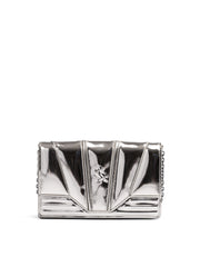 Silver metallic clutch bag on a white background