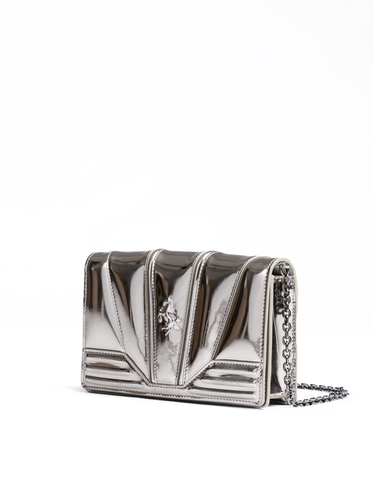 Silver metallic handbag with a chain strap on a white background