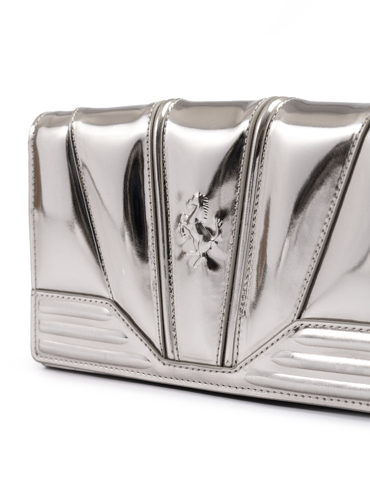 Silver clutch bag with a brand logo on a white background