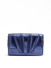 Blue metallic handbag with a brand logo on a white background
