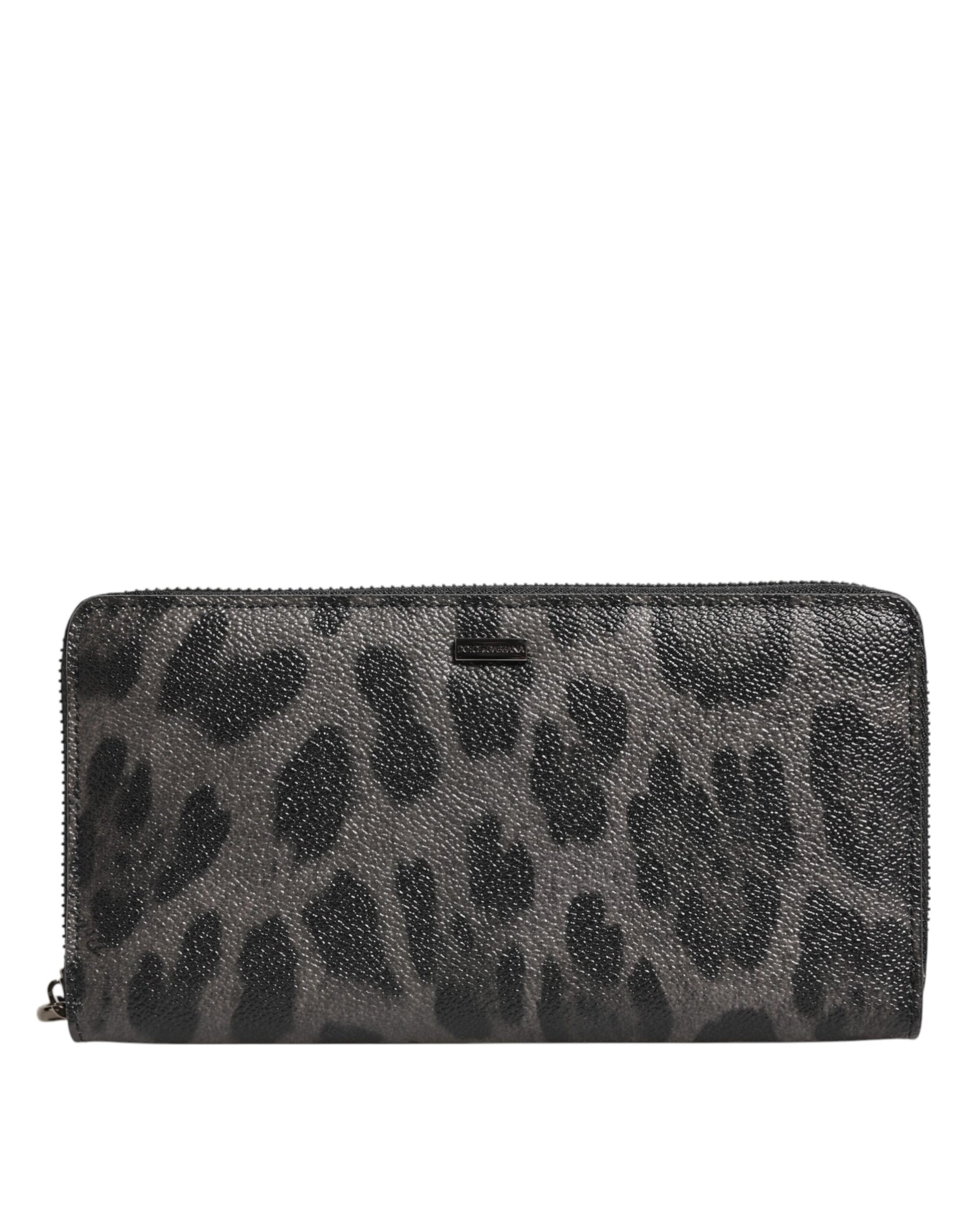 Dolce & Gabbana Black Gray Leopard Leather Zip Around Continental Wallet - ACCEXO