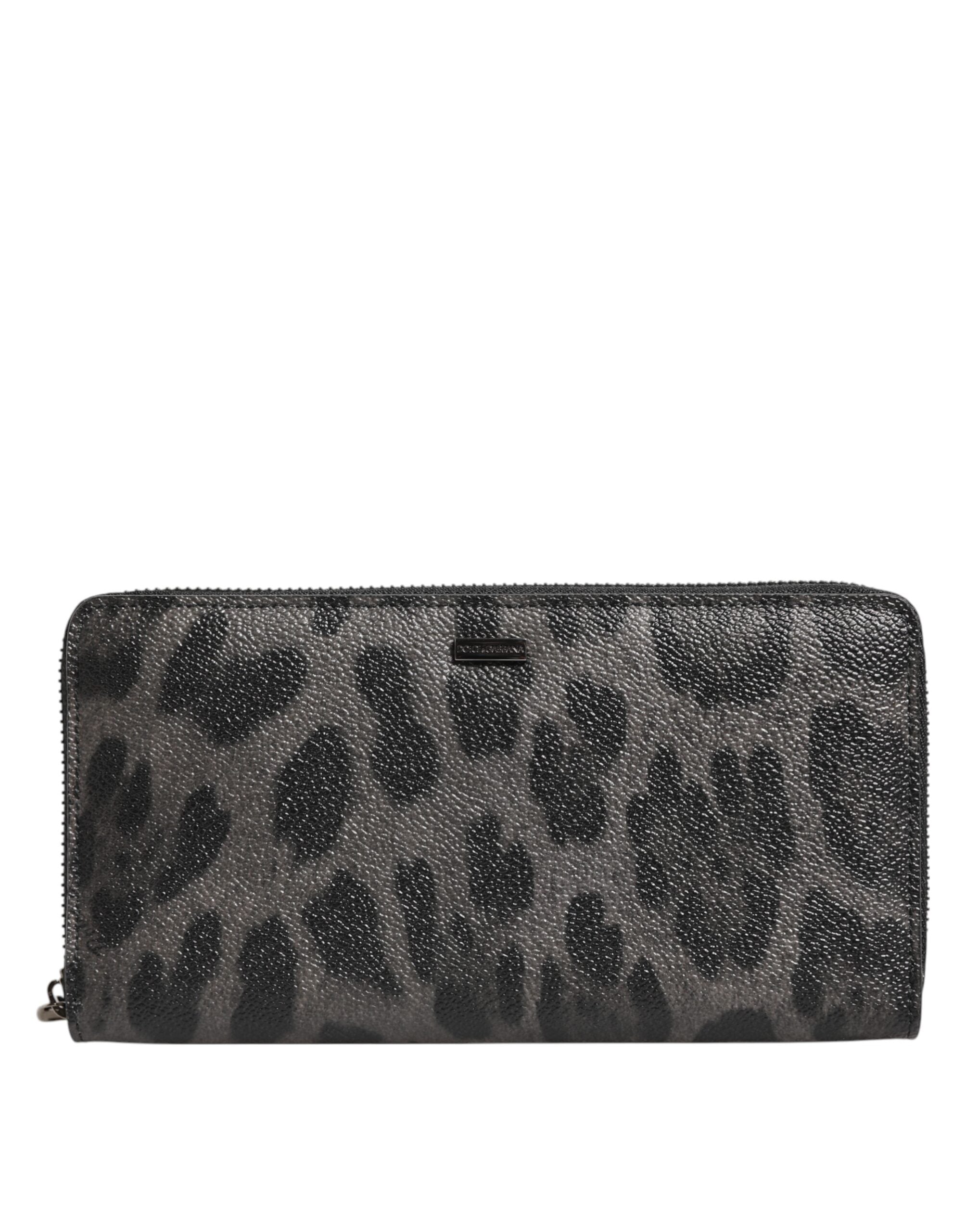 Dolce & Gabbana Black Gray Leopard Leather Zip Around Continental Wallet - ACCEXO