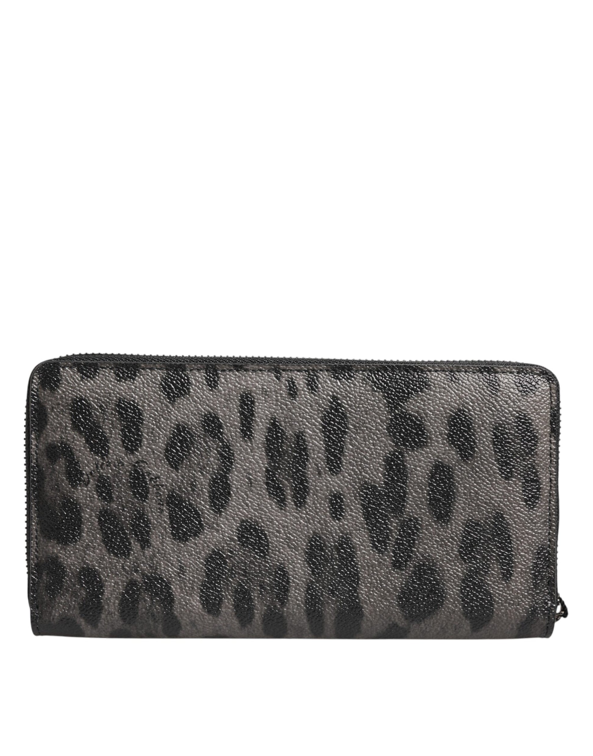 Dolce & Gabbana Black Gray Leopard Leather Zip Around Continental Wallet - ACCEXO