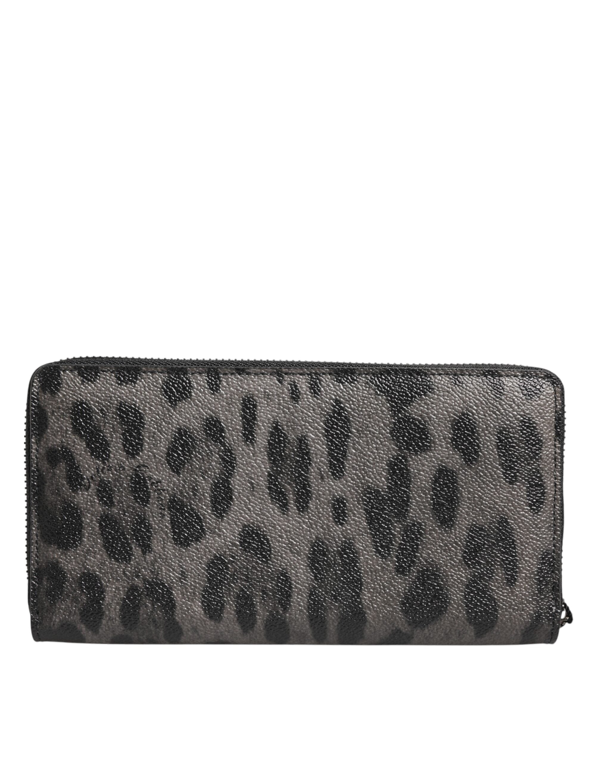 Dolce & Gabbana Black Gray Leopard Leather Zip Around Continental Wallet - ACCEXO