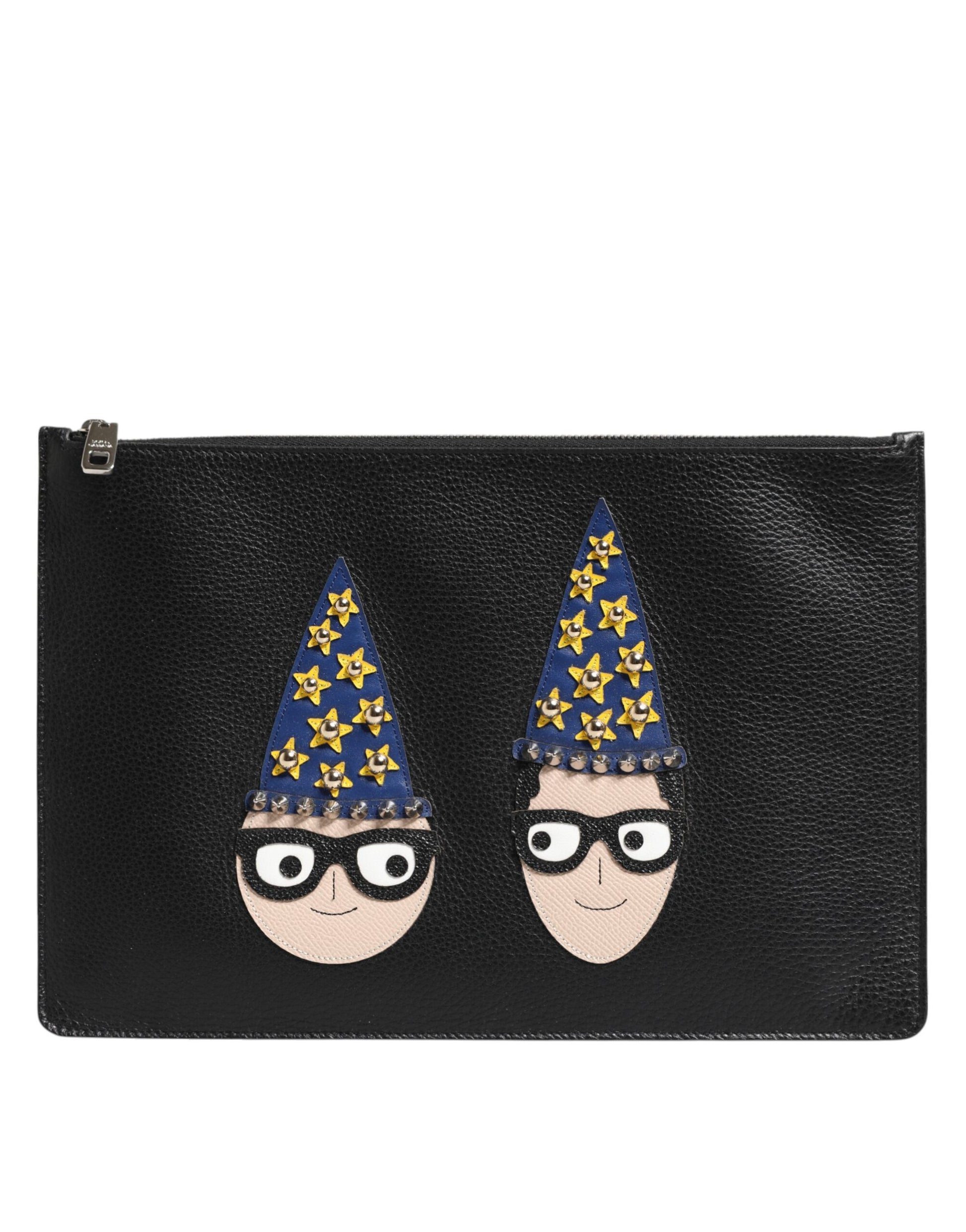 Dolce & Gabbana Black Leather #DGFAMILY Embellished Men Clutch Pouch Bag - ACCEXO
