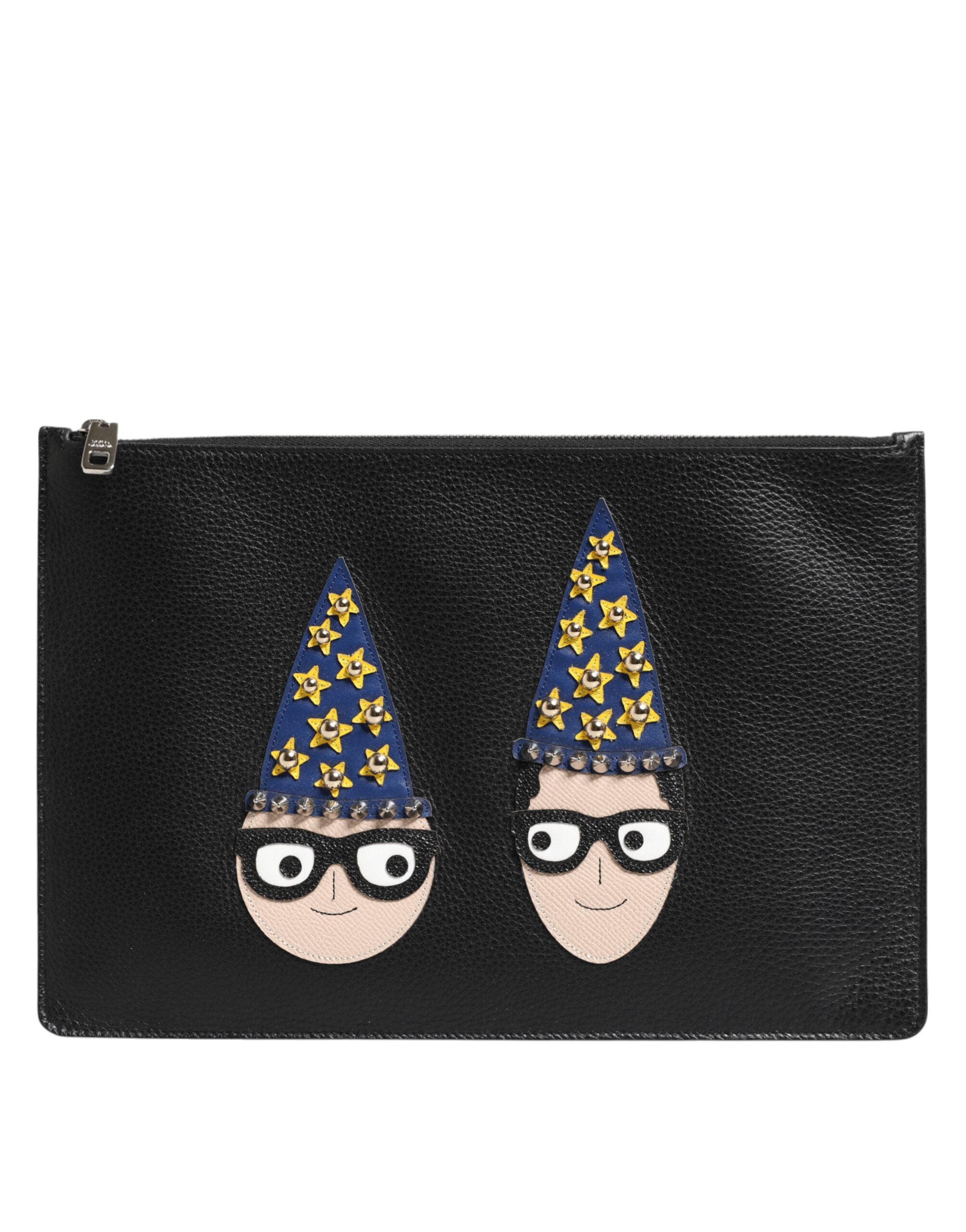 Dolce & Gabbana Black Leather #DGFAMILY Embellished Men Clutch Pouch Bag - ACCEXO