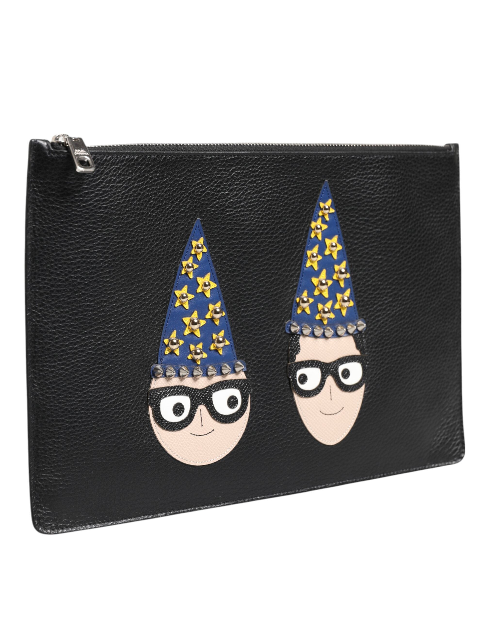 Dolce & Gabbana Black Leather #DGFAMILY Embellished Men Clutch Pouch Bag - ACCEXO