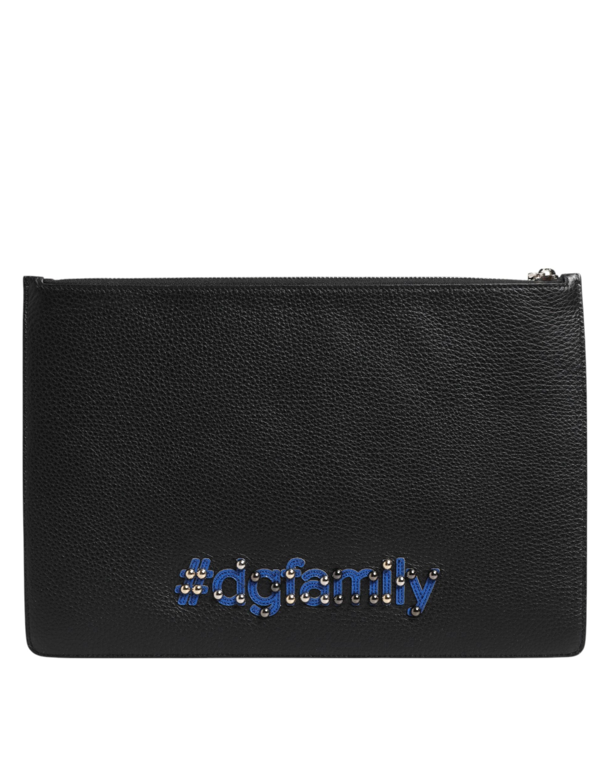 Dolce & Gabbana Black Leather #DGFAMILY Embellished Men Clutch Pouch Bag - ACCEXO