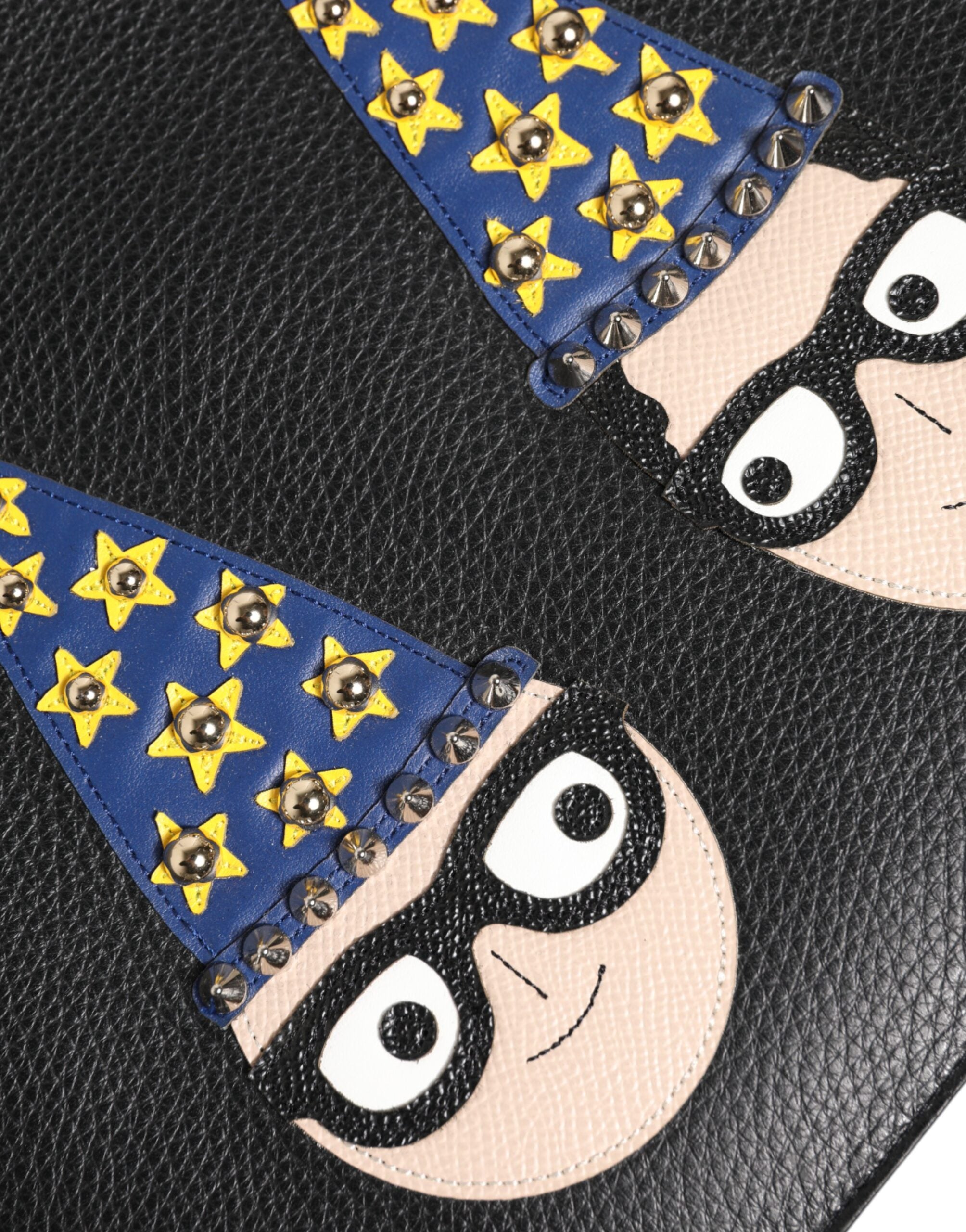 Dolce & Gabbana Black Leather #DGFAMILY Embellished Men Clutch Pouch Bag - ACCEXO
