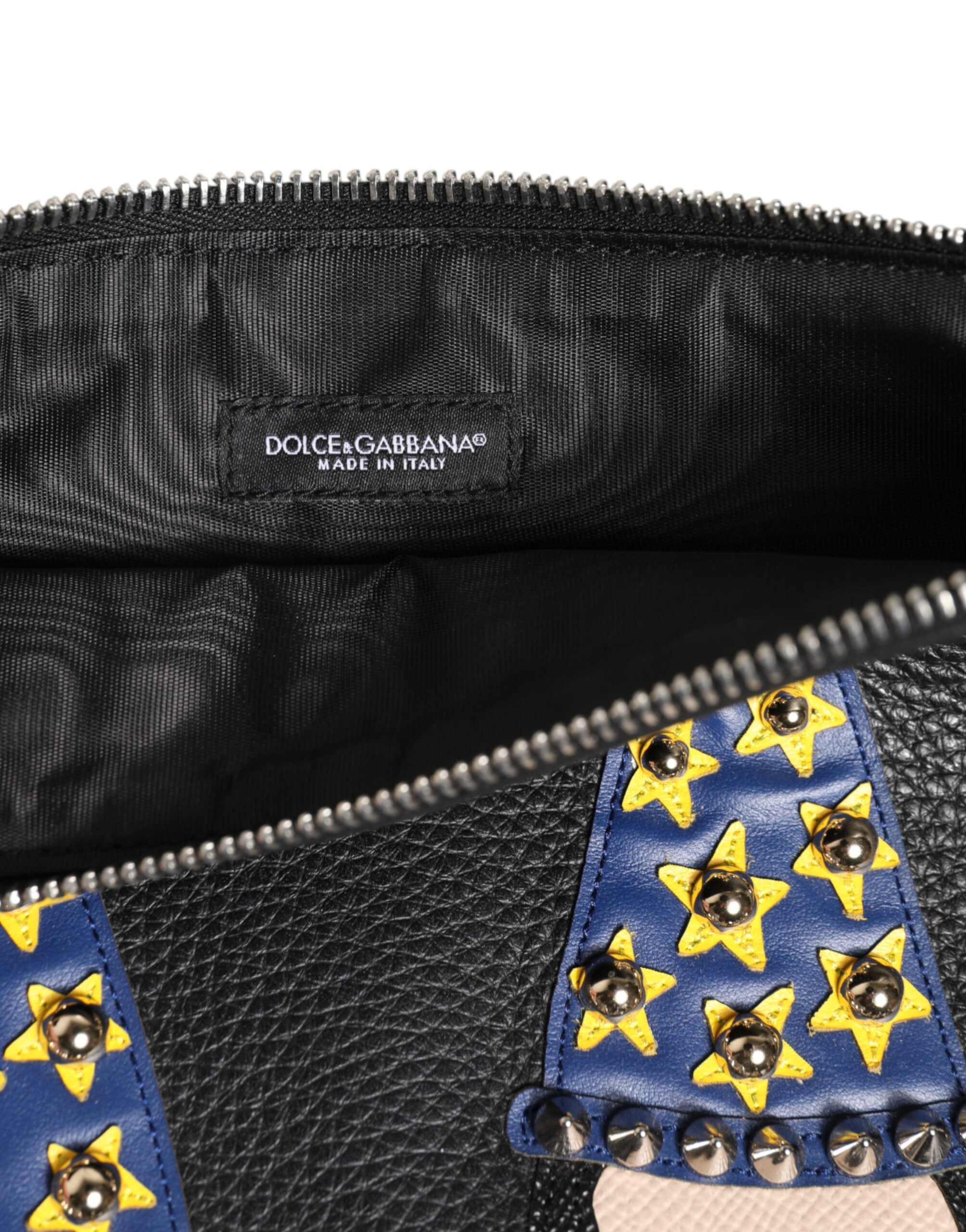 Dolce & Gabbana Black Leather #DGFAMILY Embellished Men Clutch Pouch Bag - ACCEXO