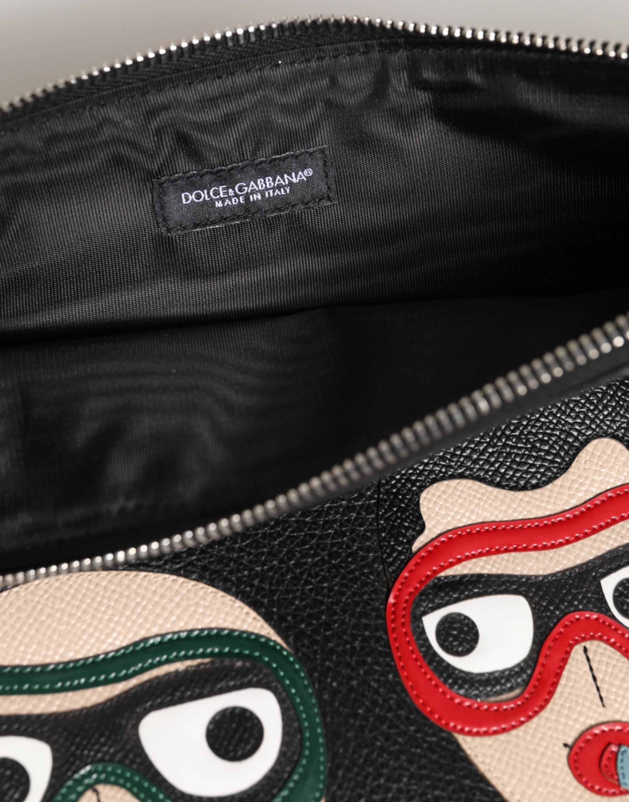 Dolce & Gabbana Black Leather #DGFAMILY Embellished Men Clutch Pouch Bag - ACCEXO