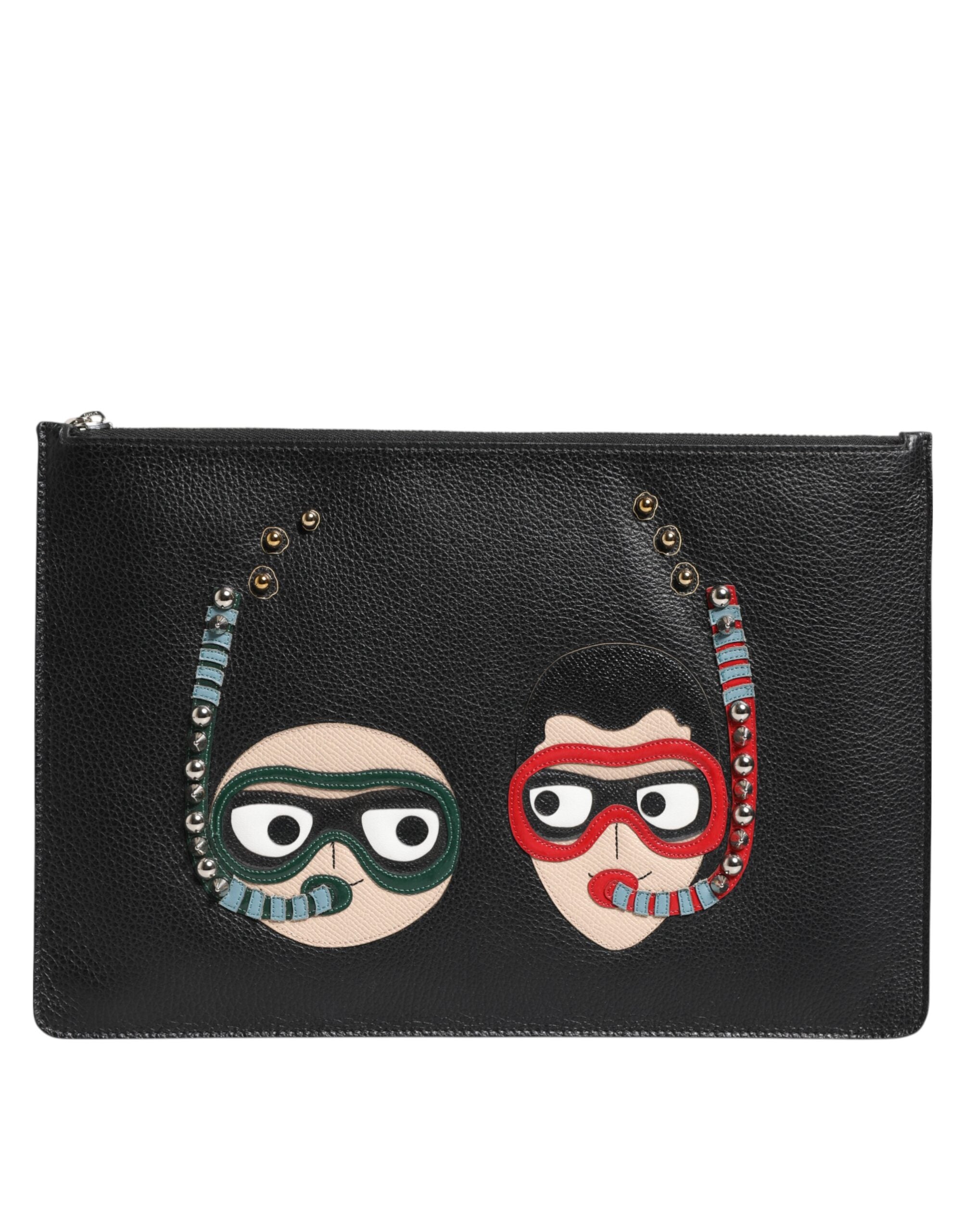 Dolce & Gabbana Black Leather #DGFAMILY Embellished Men Clutch Pouch Bag - ACCEXO